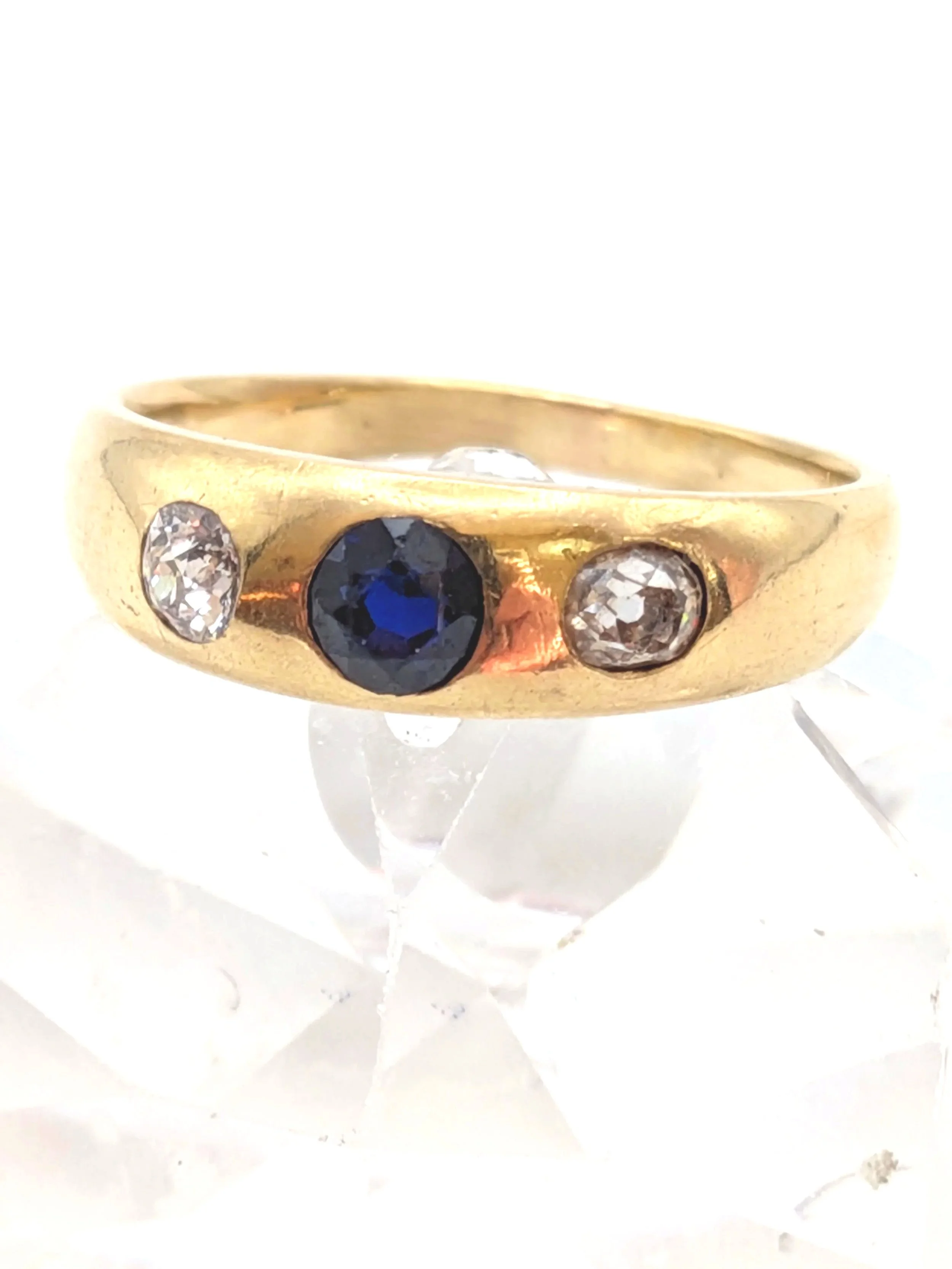 666.  18kt antique Victorian synthetic sapphire and old mine cut diamond ring 4 gm size 6.5