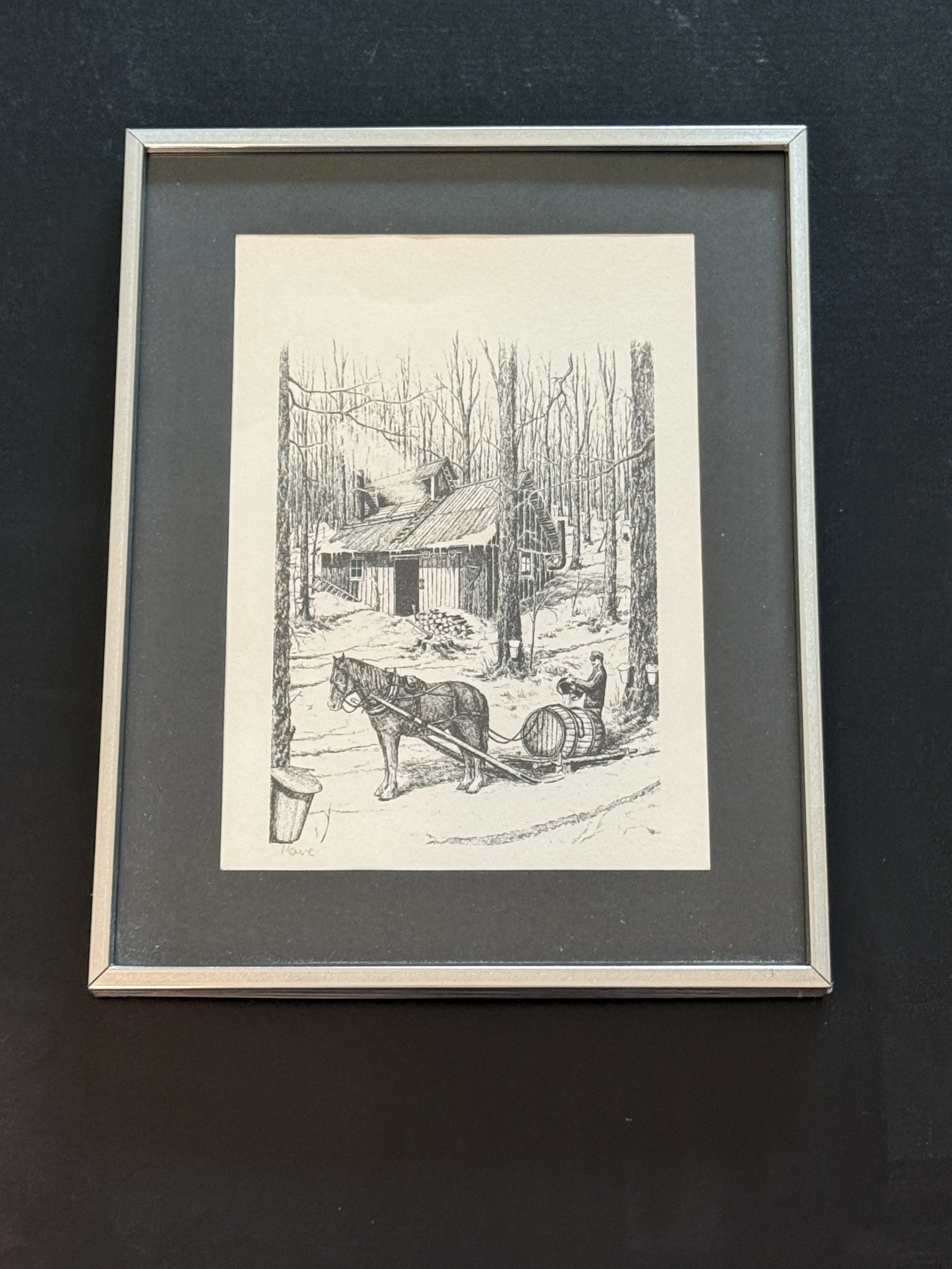 145.  Framed print, Cabin with House and wagon, artist signed Mave, frame 11x14"