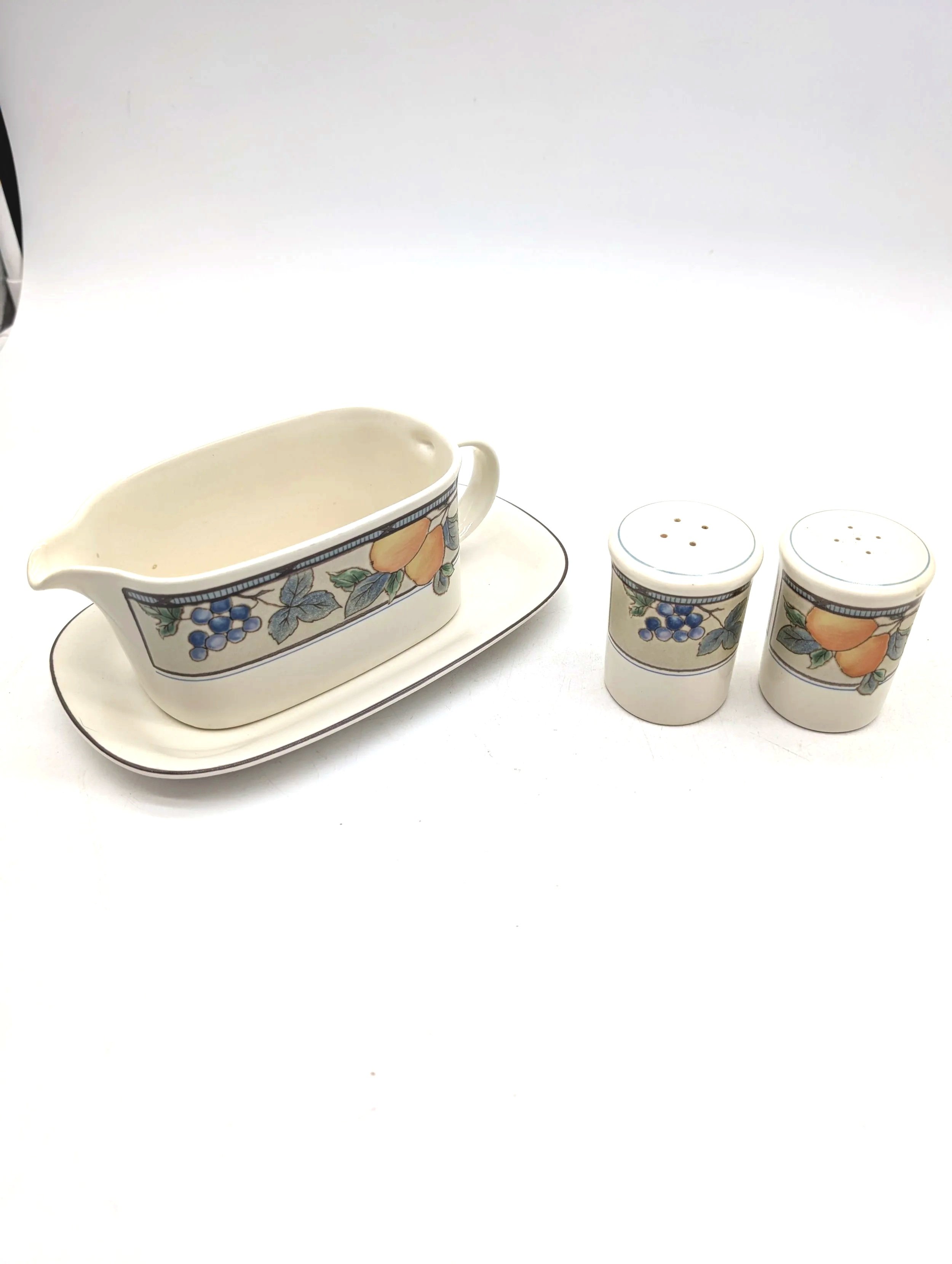 568.  Mikasa Harvest gravy boat and tray and salt and pepper