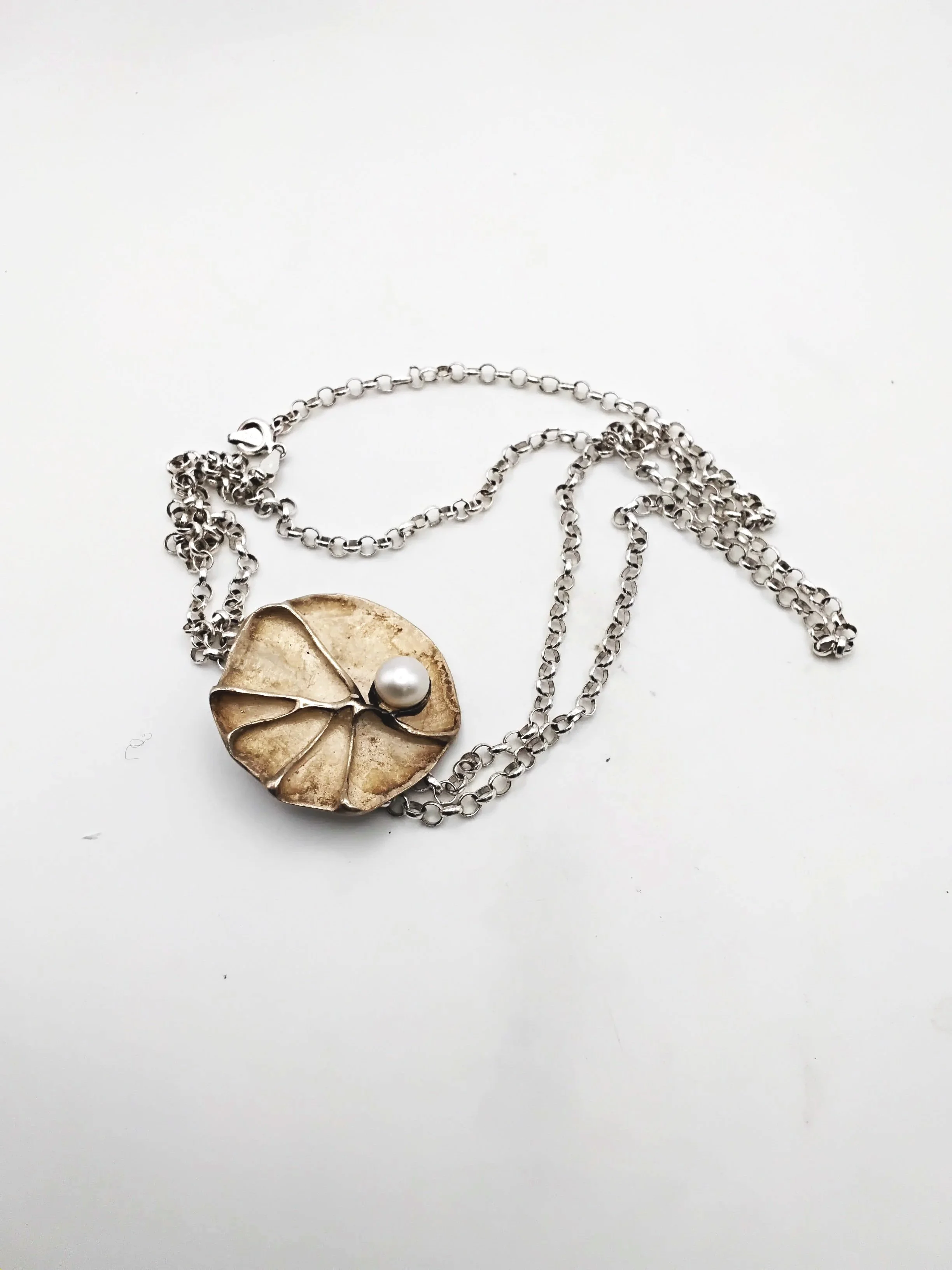 643.  Artisan made sterling silver lilypad pendant  (1.5'') with freshwater pearl 22 gm  30''