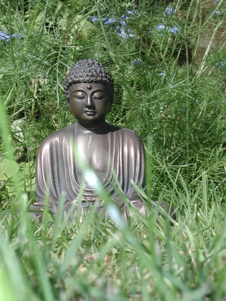 Bronze Buddha statue in garden setting