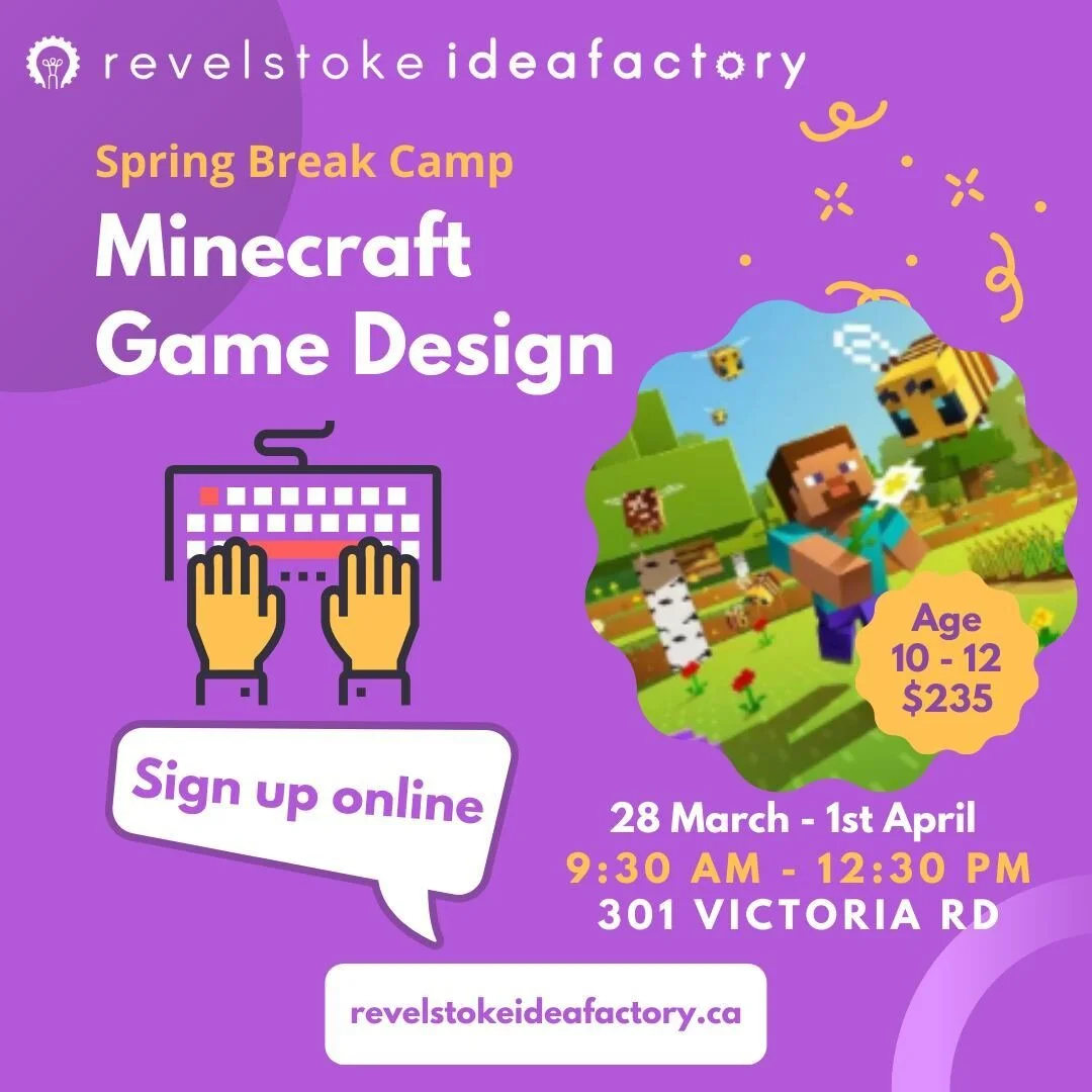 Thrilled to announce we're running a Minecraft spring break camp for 10 to 12 year-olds from the 28th March - 1st April.
Explore the concepts and processes of game design and development and use these ideas to construct your own video games and codi