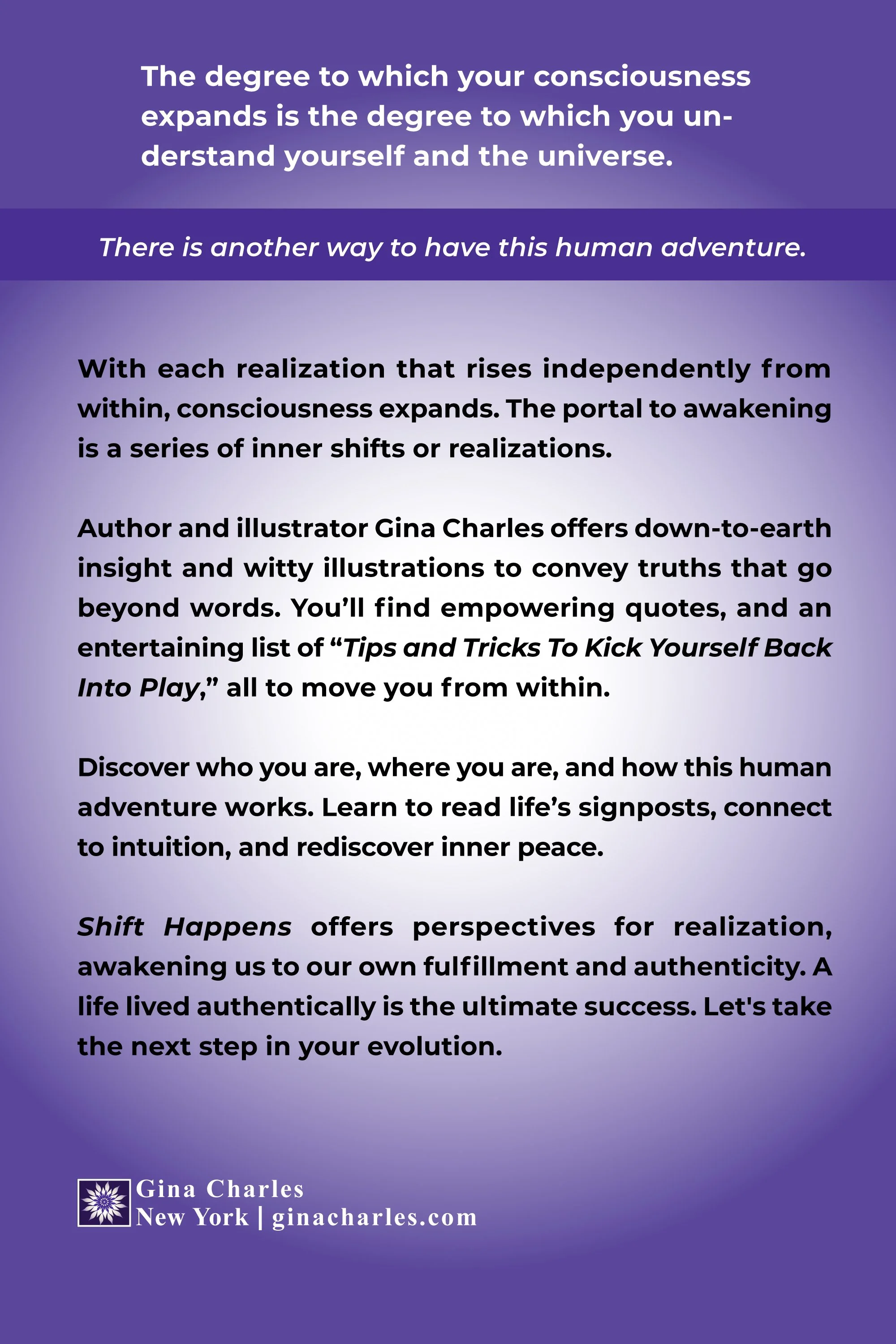 Back cover of Shift Happens A Layperson's Guide To Awakening by Gina Charles