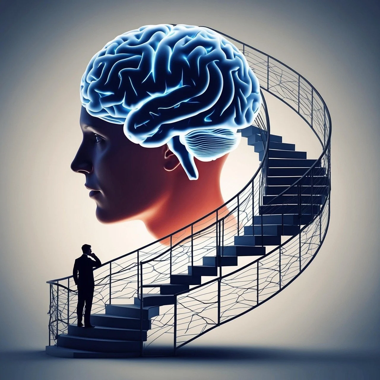 Illustration of a man ascending a staircase to examine a human brain symbolic for examining your own mind.