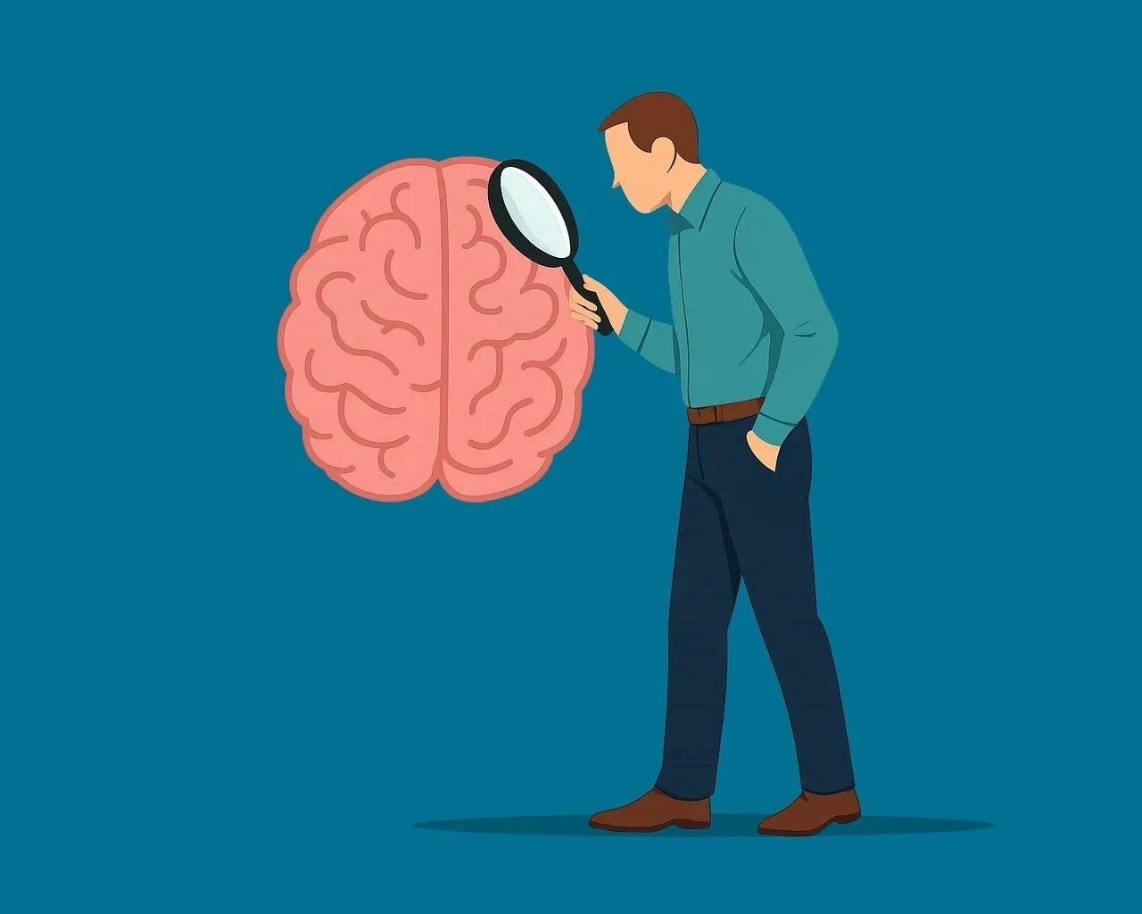 Illustration of a man examining a brain with a magnifying glass.