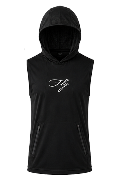 Sleeveless Hoodie Tee Black front view HOOD UP.png