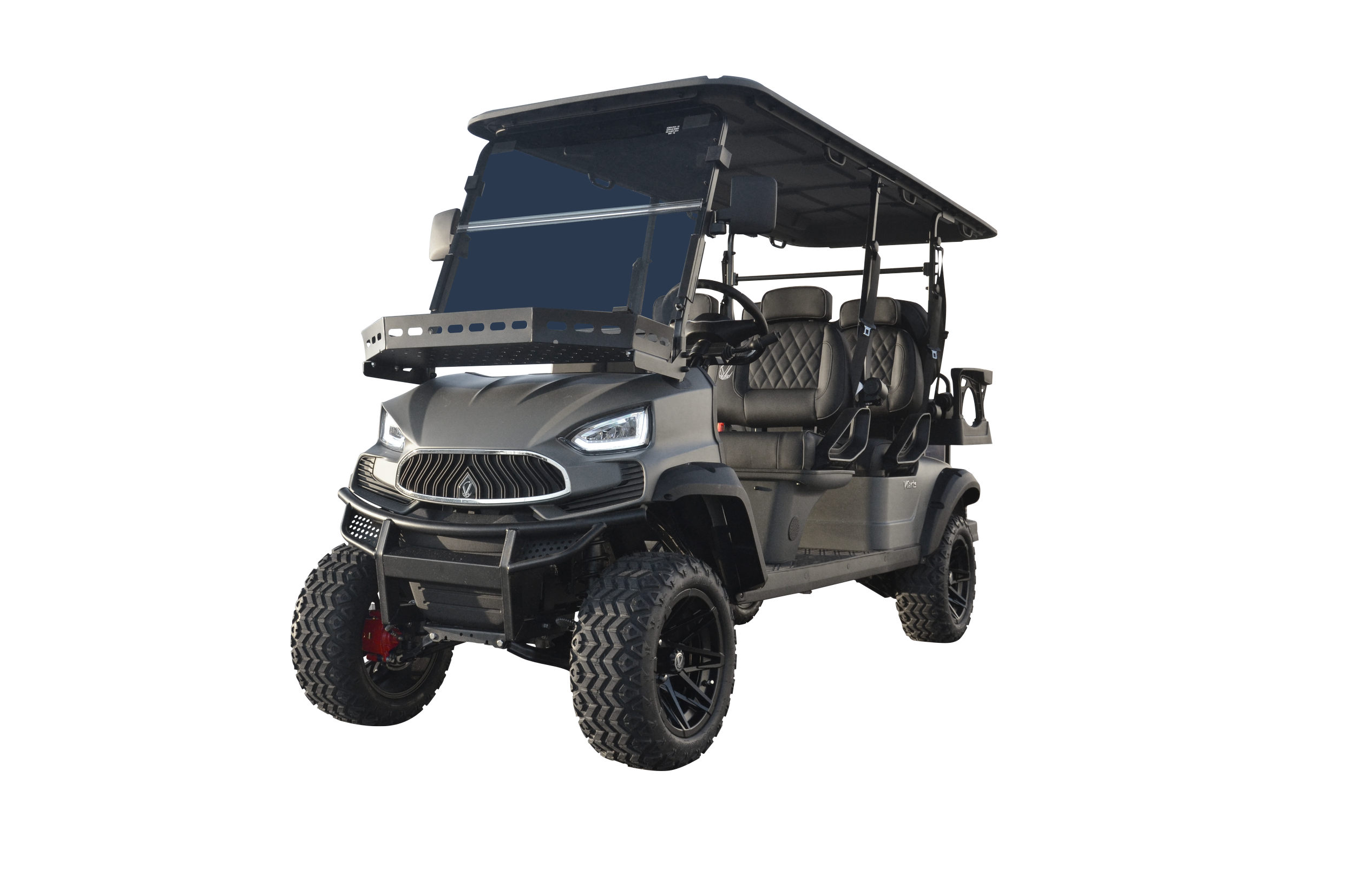 Electric golf cart with four seats, black leather upholstery, and a roof visible in a front three-quarter view.