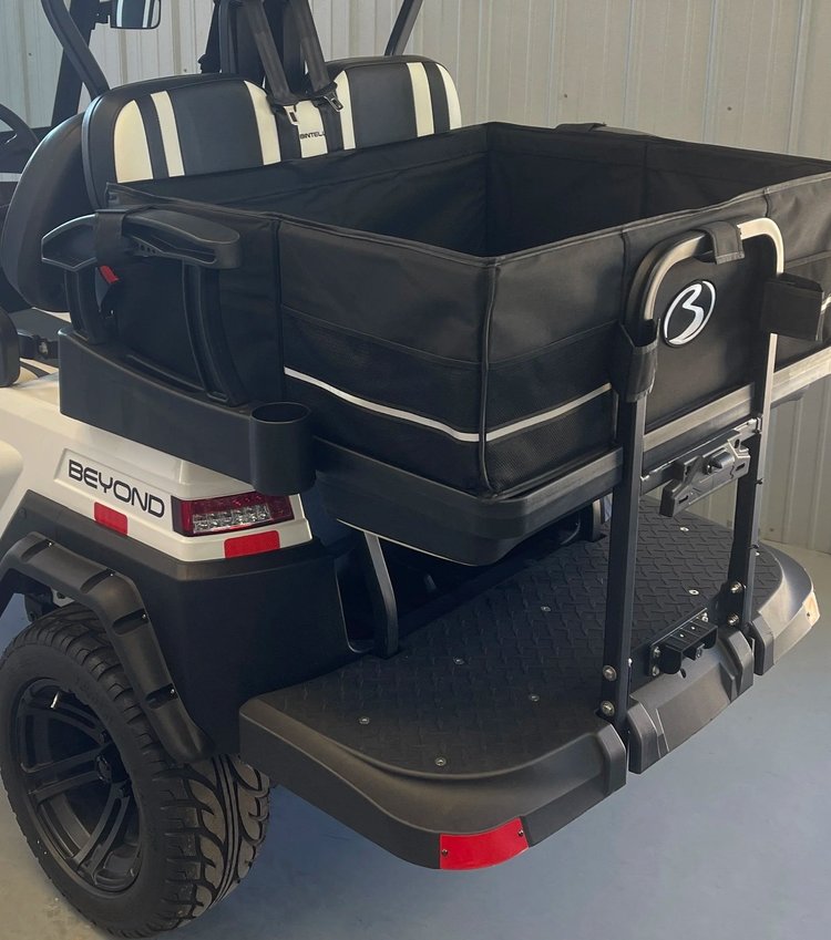 Beach Better storage box mounted to the rear of a golf cart