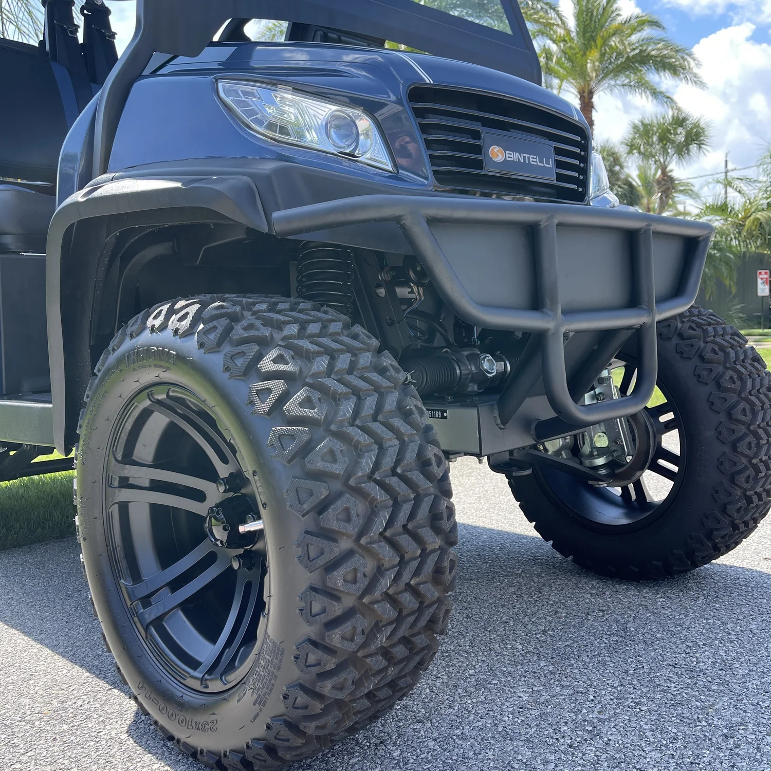 L4NB75L navy blue lifted 4 seat touchscreen electric street legal golf cart LSV