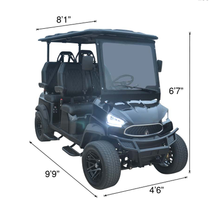 Black electric golf cart with roof, side mirrors, and four seats, displayed with dimensions: 8'1" length, 4'6" width, 9'9" height, and 6'7" height from ground to top.