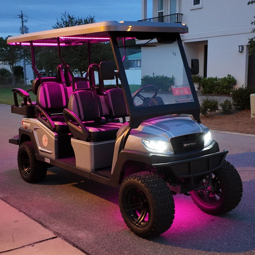 LTB76L titanium lifted 6 seat golf cart in daylight