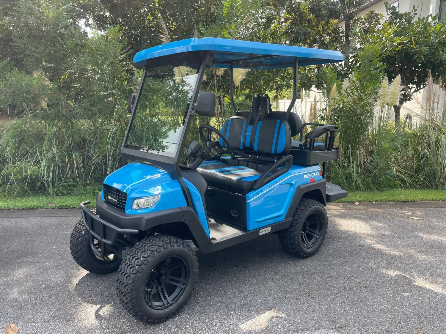 L4OB03L ocean blue lifted 4 seat touchscreen electric street legal golf cart LSV