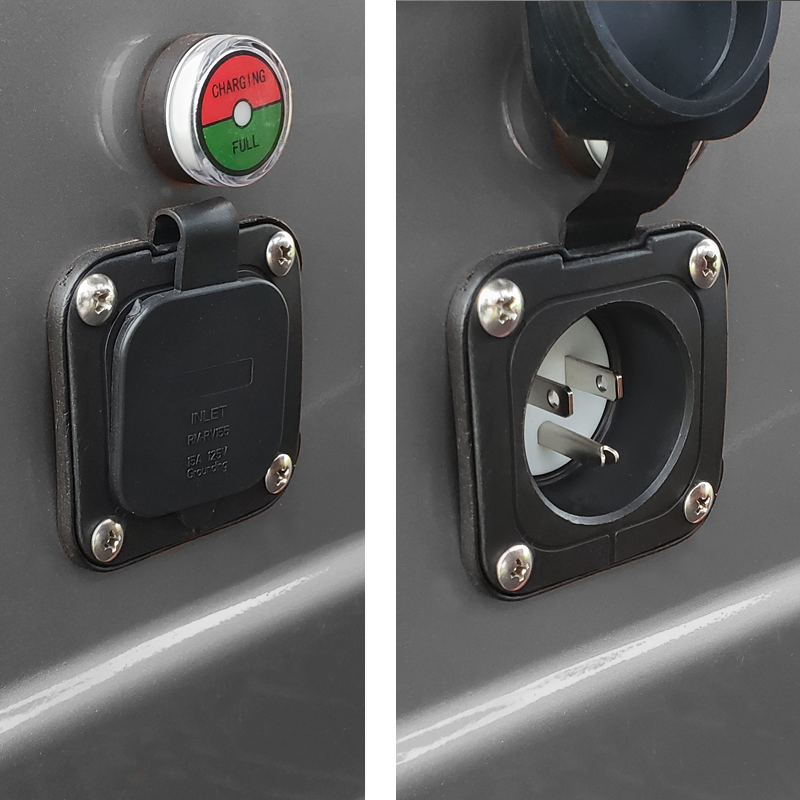 VCarts E-Series charging port shown closed and open