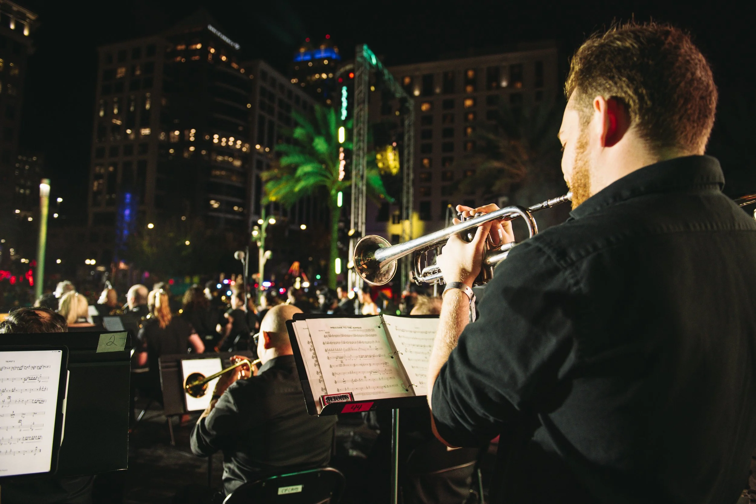 A trumpet player performs as part of the CFCArts Big Band at IMMERSE in Downtown Orlando