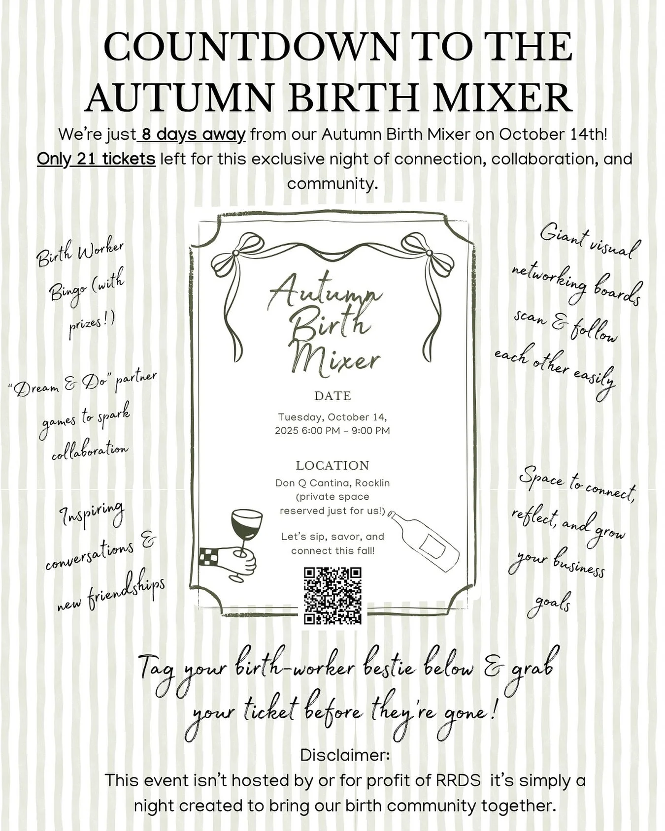 🌙✨ Countdown to the Autumn Birth Mixer! ✨🌙

We&rsquo;re just 8 days away from our October 14th event only 21 tickets left for this exclusive night of connection, collaboration, and community.

🎟️ Tickets: $60
Includes 2 cocktails 🍸 + a 3-course m