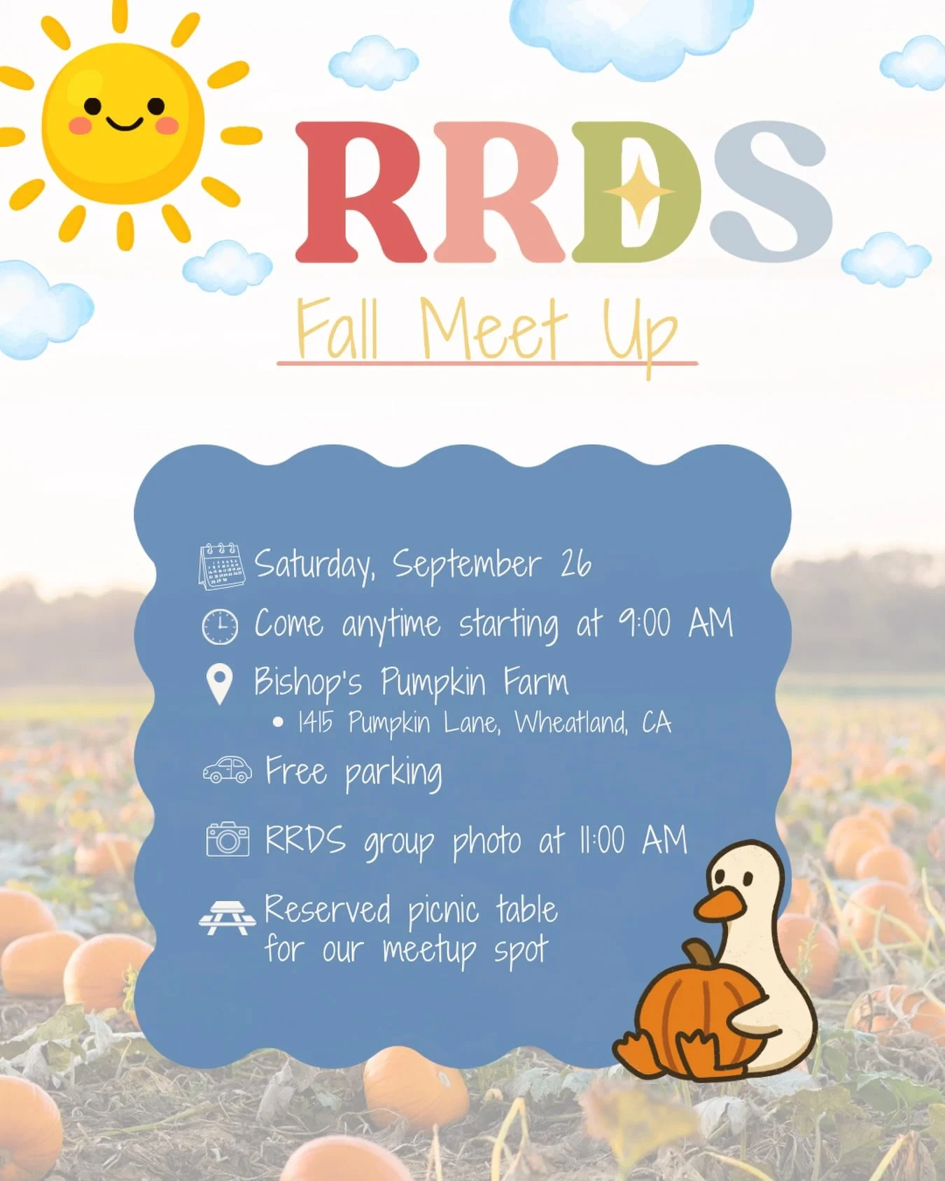 Our annual RRDS Fall Meet Up is coming up and we cannot wait to celebrate with our families from 2019 through 2027.

🗓️Saturday, September 26
🎃Bishop&rsquo;s Pumpkin Farm 
⏰Come anytime starting at 9:00 AM
📸RRDS group photo at 11:00 AM

🅿️🧑&zwj;