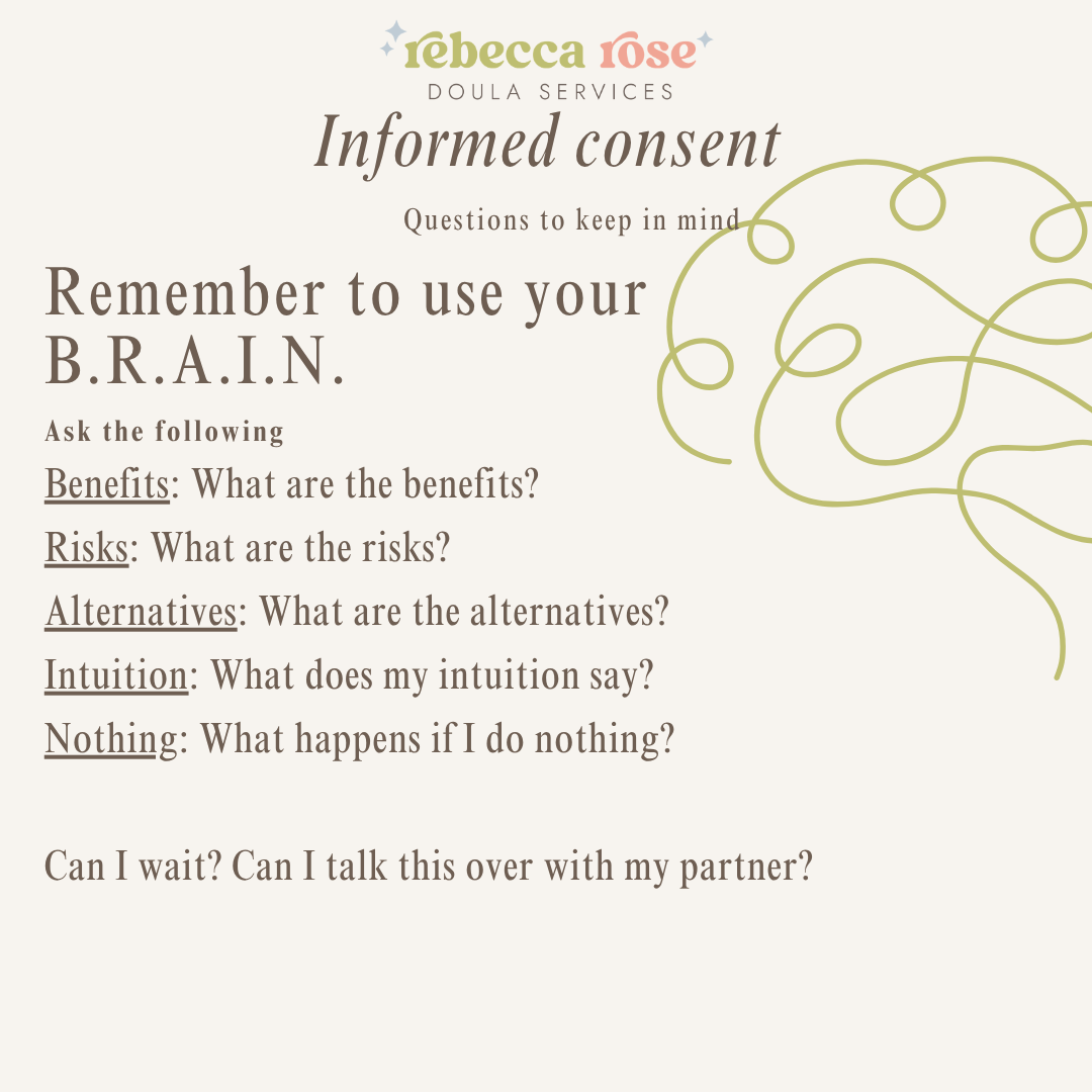 B.R.A.I.N. informed consent guide explaining Benefits, Risks, Alternatives, Intuition, and Nothing to help families make informed decisions during pregnancy and labor.