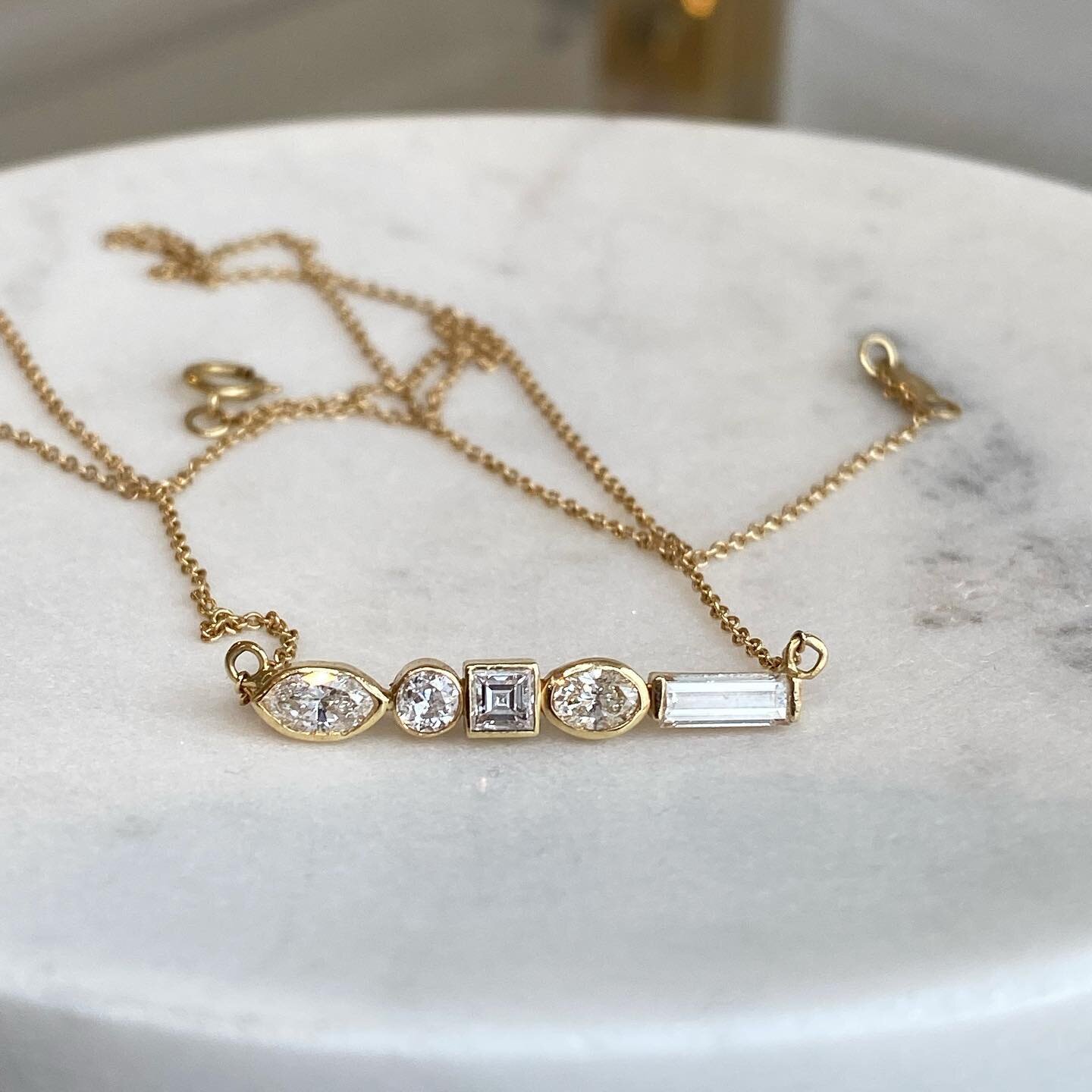 A linear mixed shape diamond necklace I designed long ago ✨thankful it's part of my personal collection 🙌🏻 #jotd #marquise #round #squarestepcut #oval #baguette #diamonds