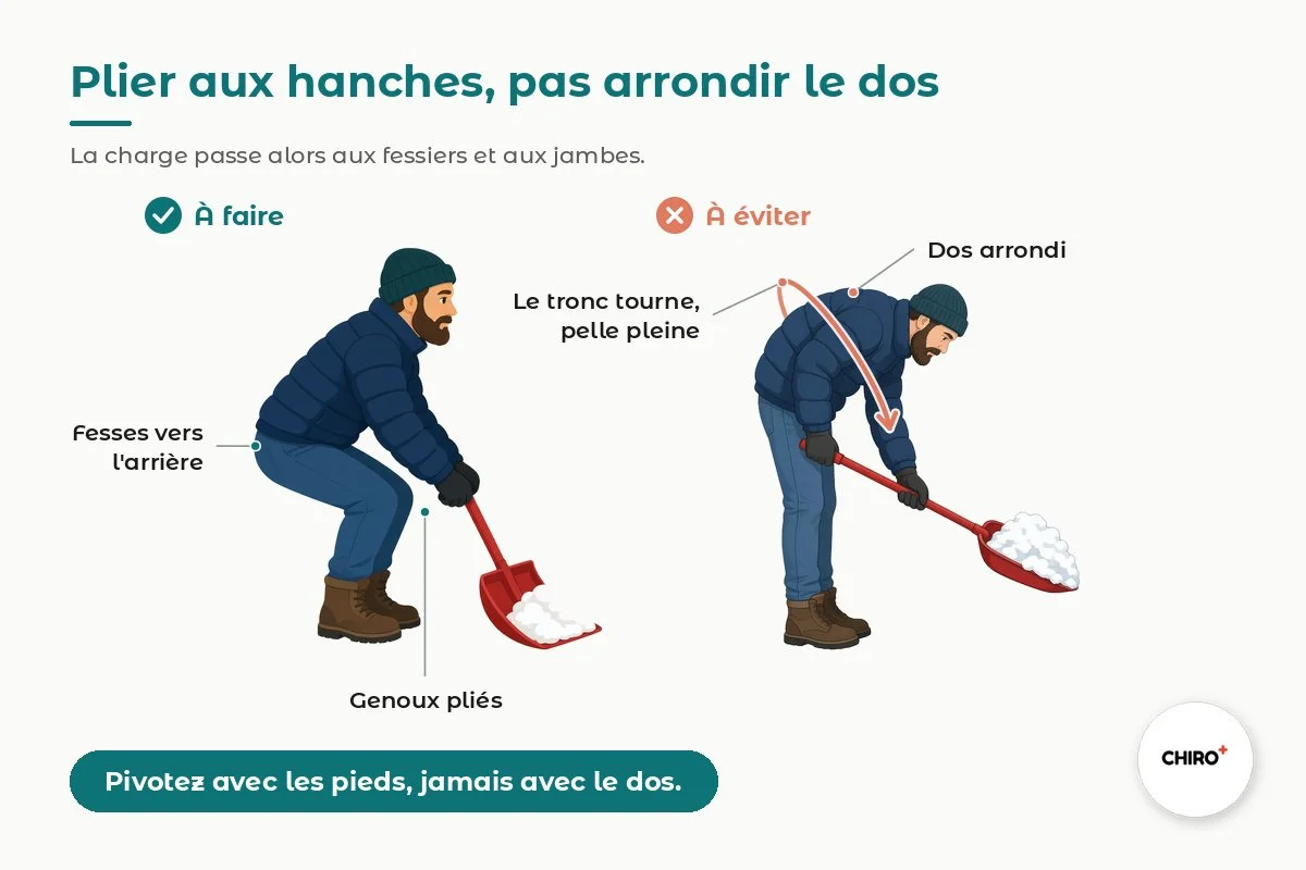 Technique de pelletage pour éviter le mal de dos : à faire, plier aux hanches et aux genoux ; à éviter, dos arrondi et tronc qui tourne avec la pelle pleine — Clinique CHIRO+ Ste-Thérèse
