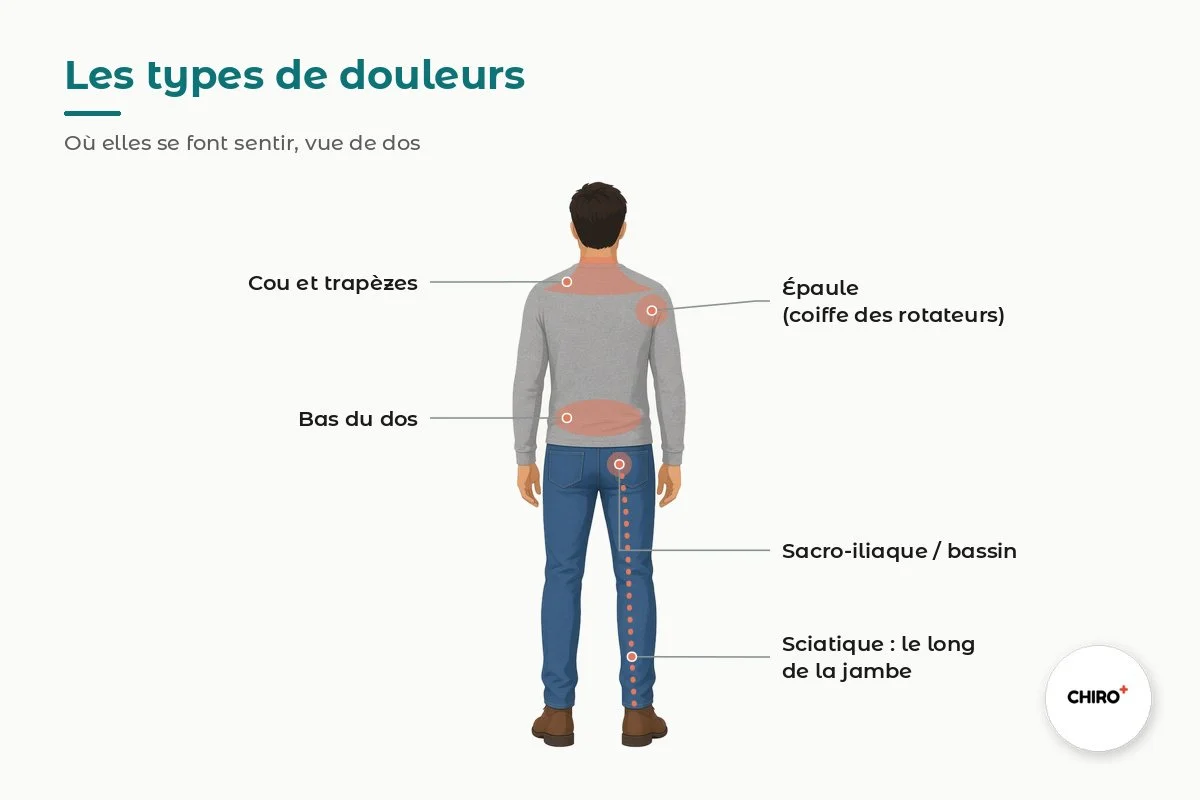 Silhouette de dos montrant où le pelletage peut faire mal : cou et trapèzes, épaule (coiffe des rotateurs), bas du dos, sacro-iliaque et sciatique le long de la jambe — Clinique CHIRO+ Ste-Thérèse
