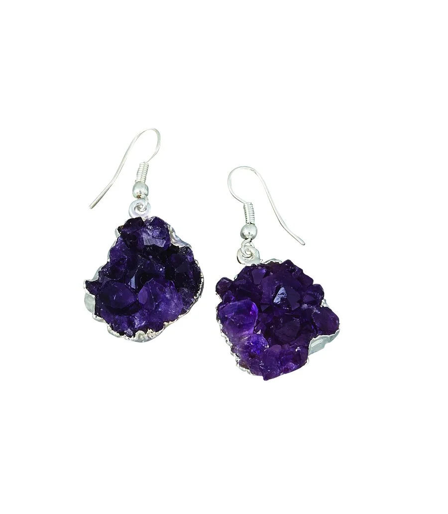 Silver Plated Amethyst Druze Earrings