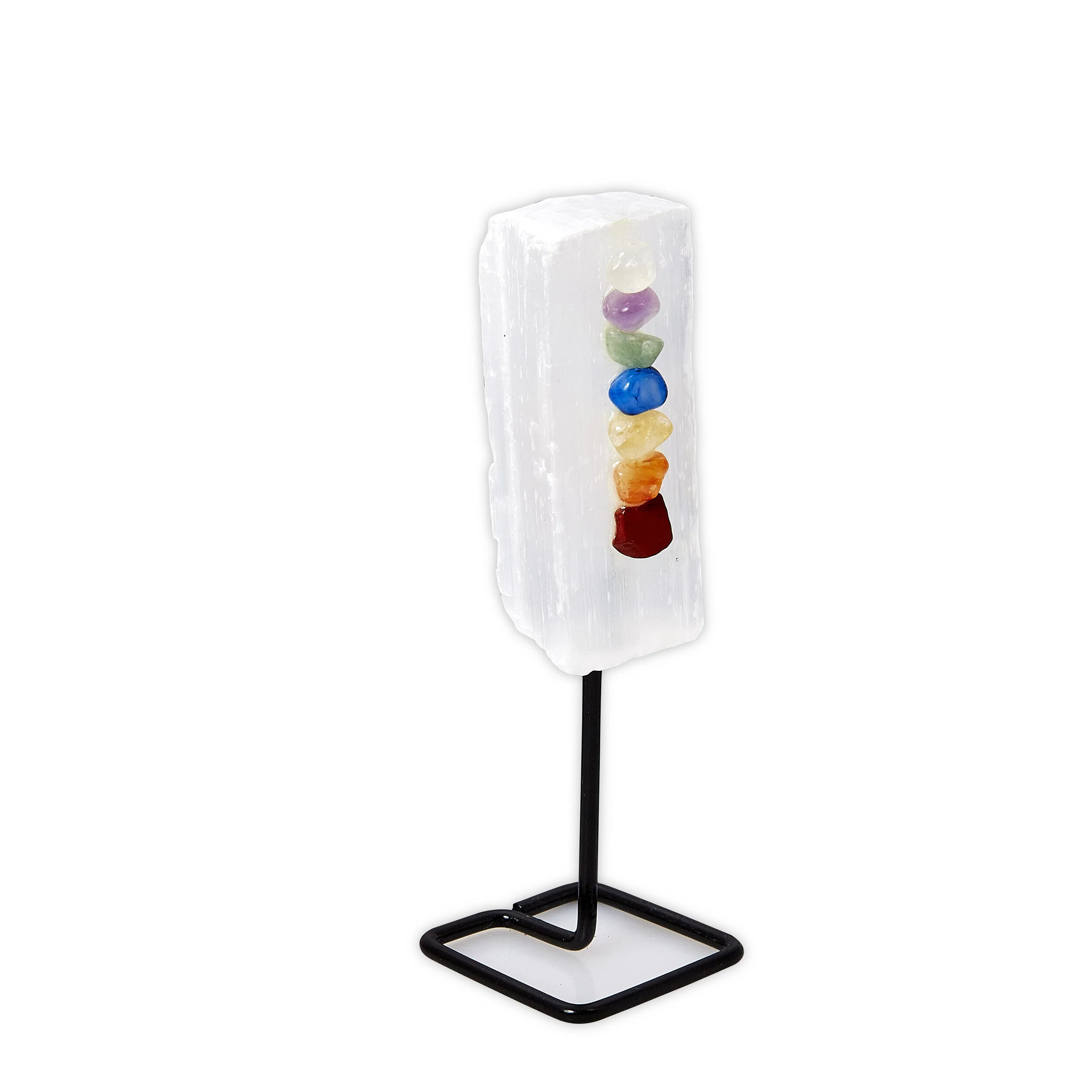 Selenite with Chakra stones on pin stand