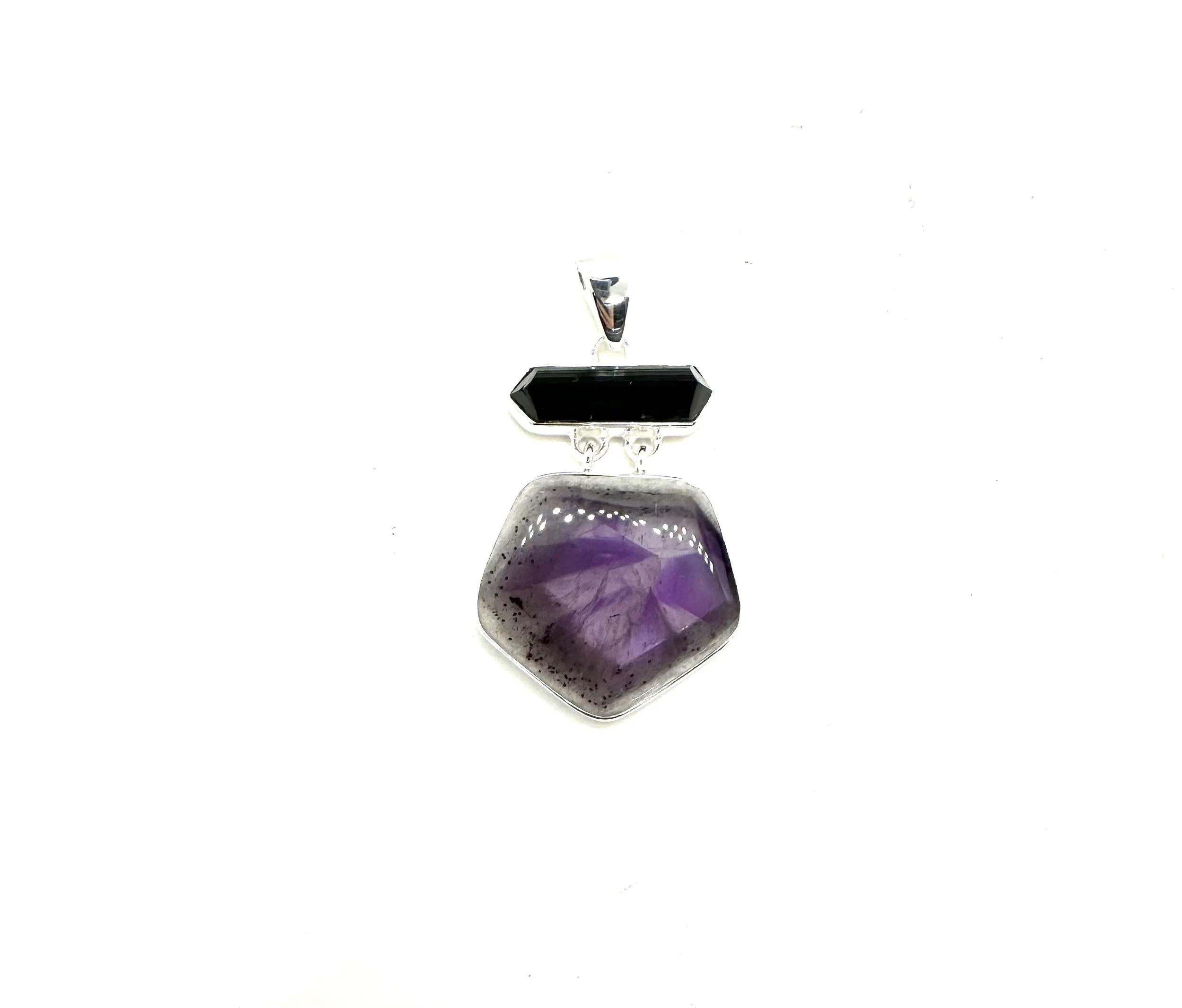 Sterling Silver Black Tourmaline with Trapiche Amethyst Pendant