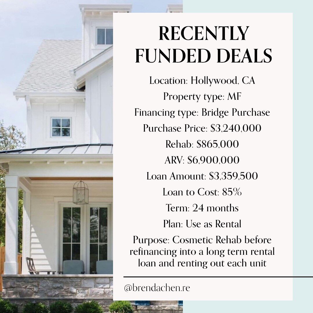 Bridge loan for our client's multifamily acquisition in Hollywood, which they are going to renovate before renting out each unit. Term for this deal is 24 months.⠀⠀⠀⠀⠀⠀⠀⠀⠀
⠀⠀⠀⠀⠀⠀⠀⠀⠀
We can be flexible and customize the deal to fit your specific needs