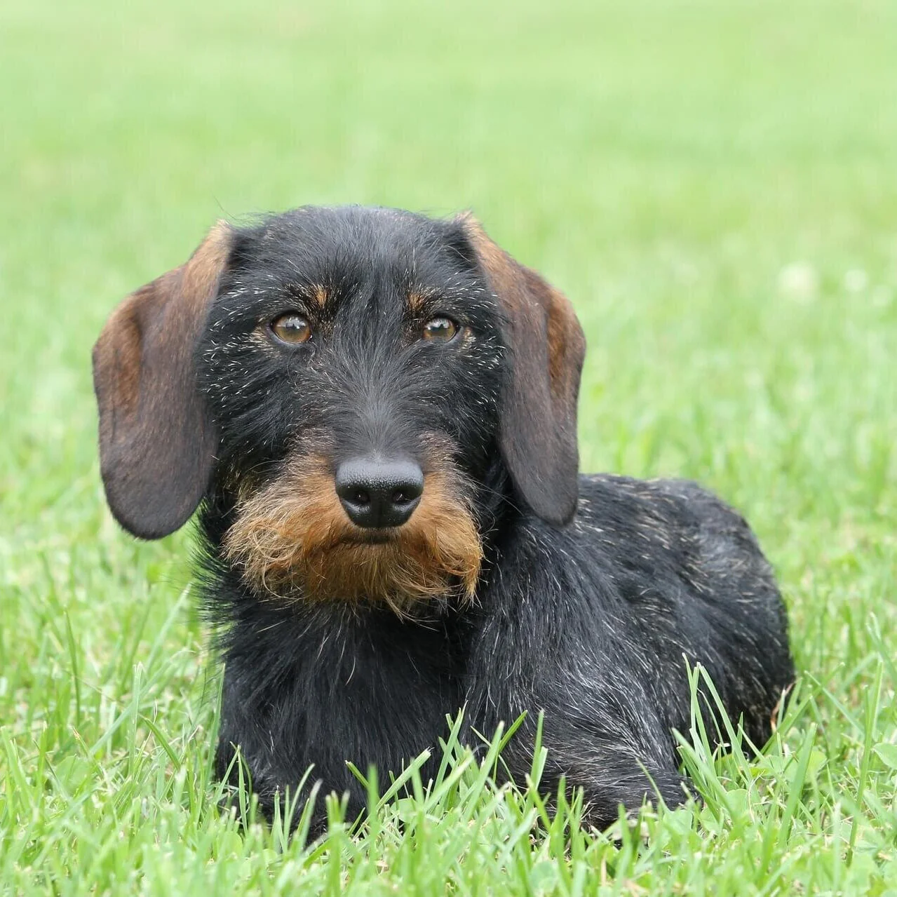 Rauhaardackel auf der Wiese.