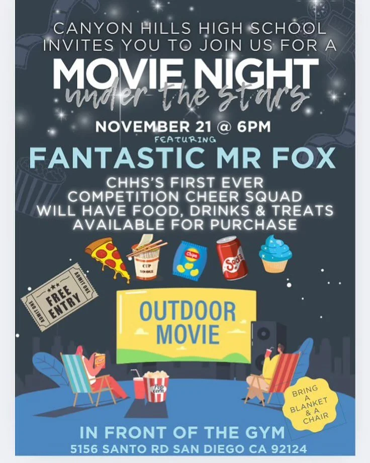 A community event at Canyon Hills High School! Bring cash to grab some snacks and support their clubs! They have a brand new blow up screen!