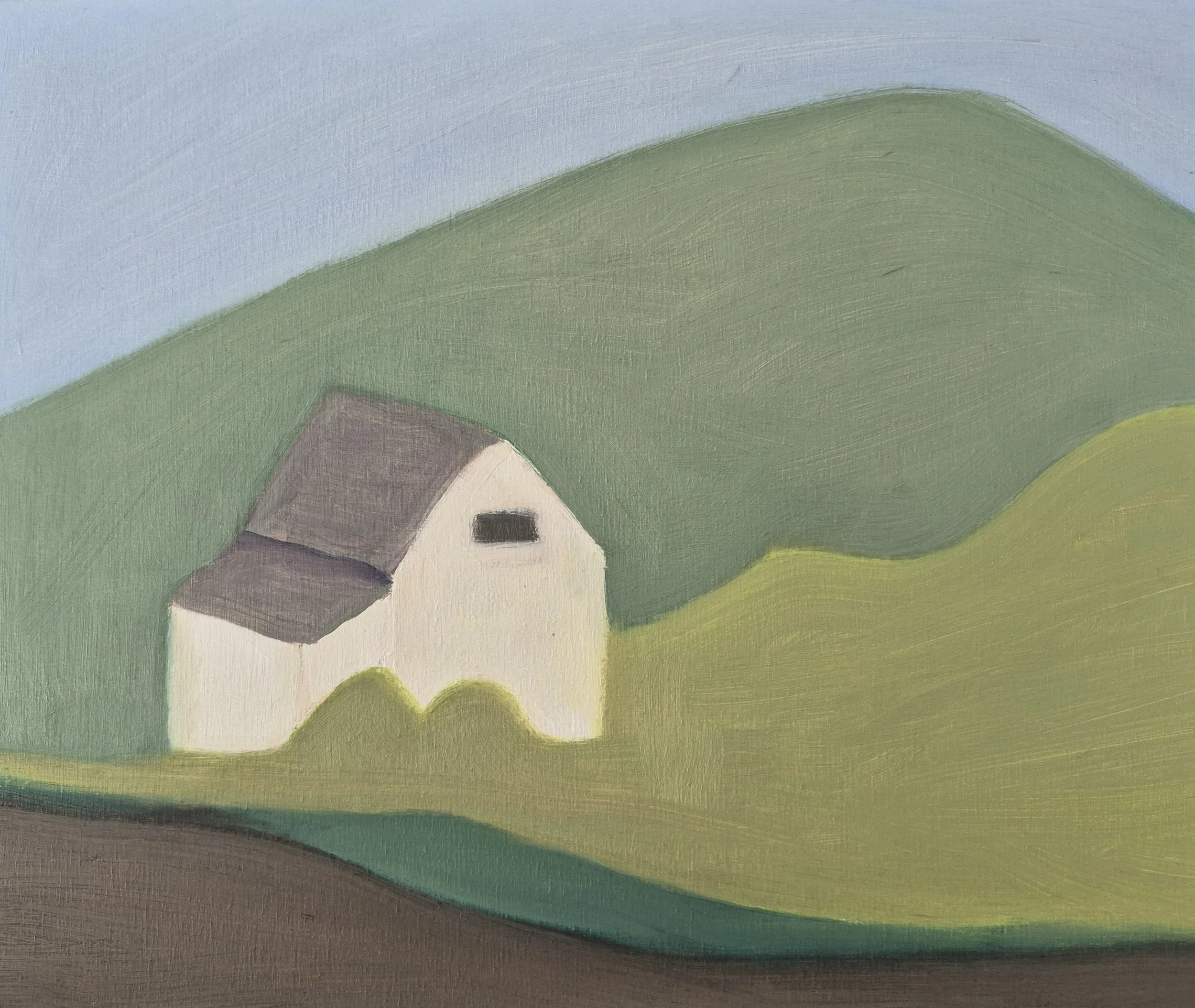 Painting of a small white house with a gray roof, situated on green hills with a blue sky background.