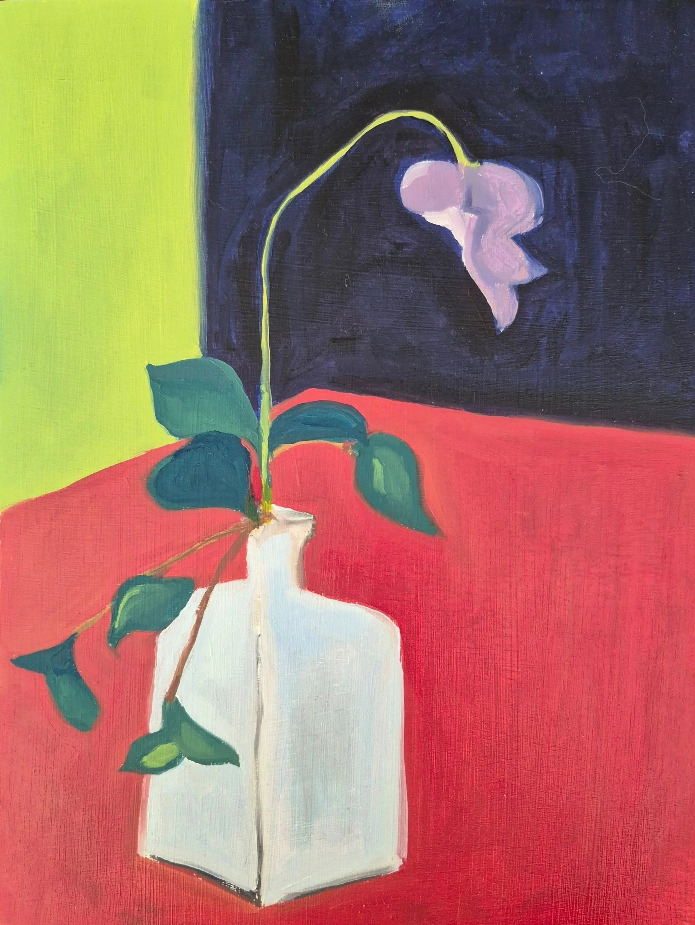 A still life painting of a white vase with green leaves used as a stem for a white flower, set on a red surface with a background split into lime green and dark blue.