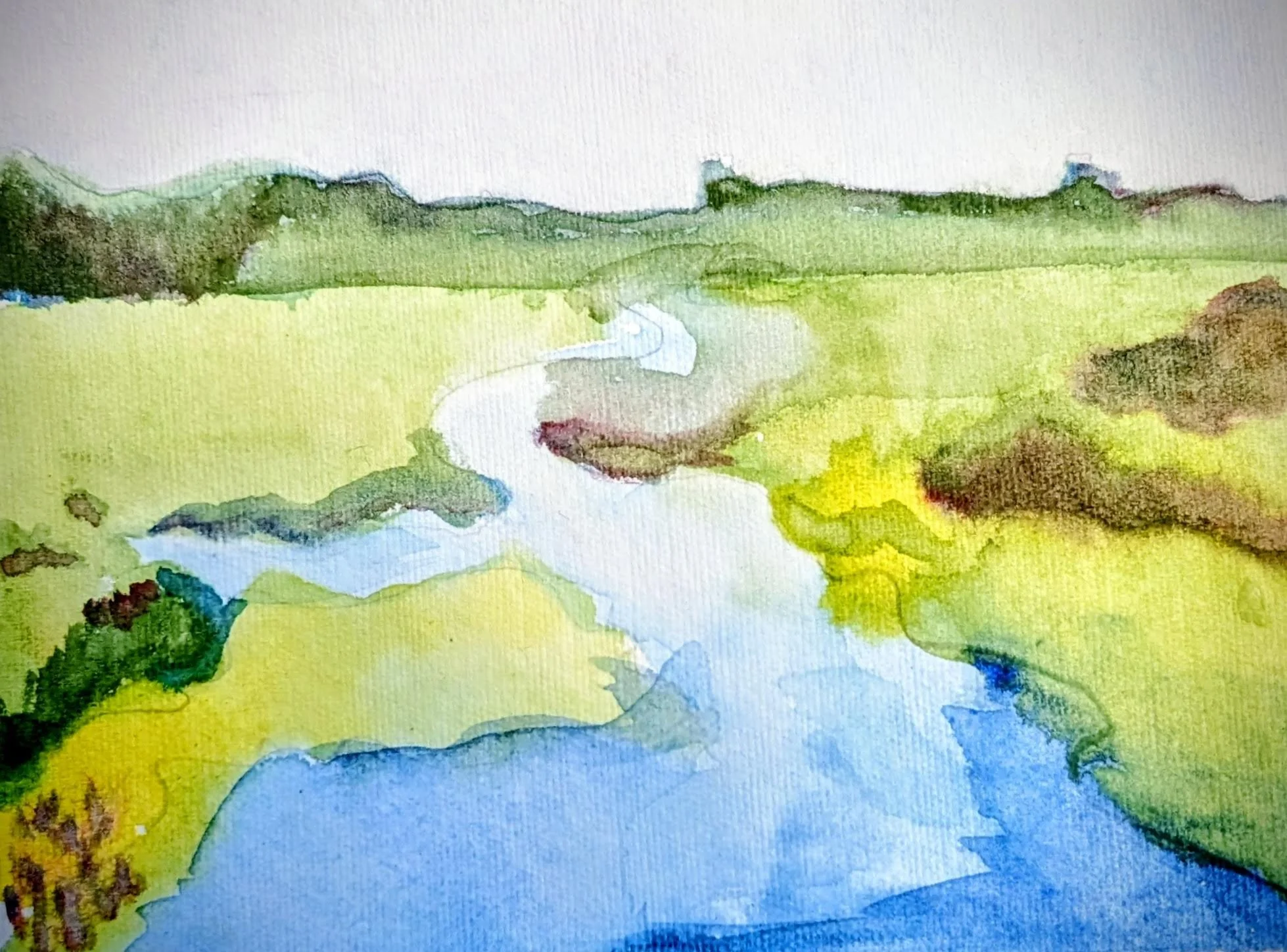 A watercolor painting of a landscape with a river flowing through green fields and trees under a cloudy sky.