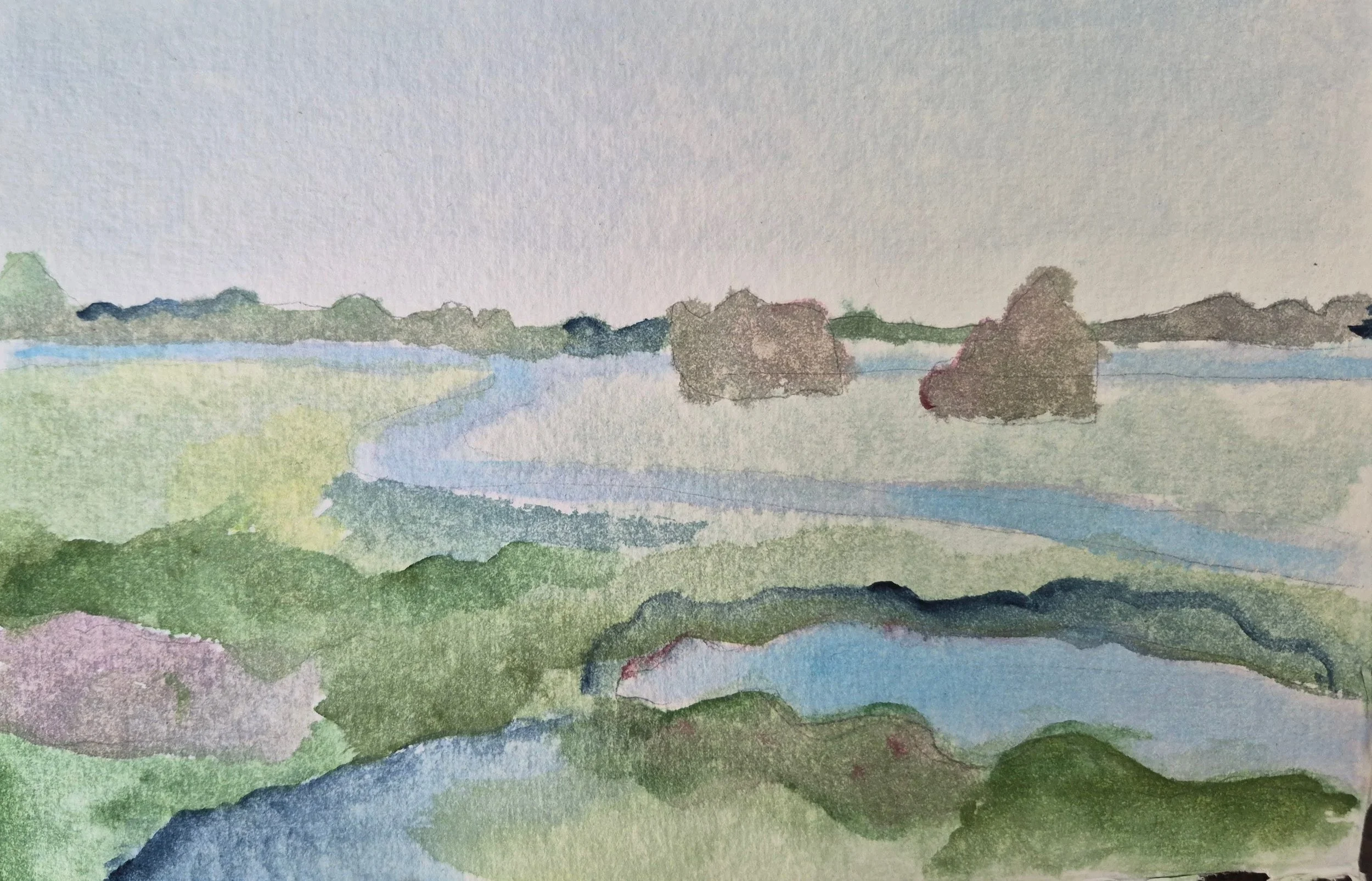 Watercolor landscape painting of a river flowing through grassy fields with trees in the background under a sky.