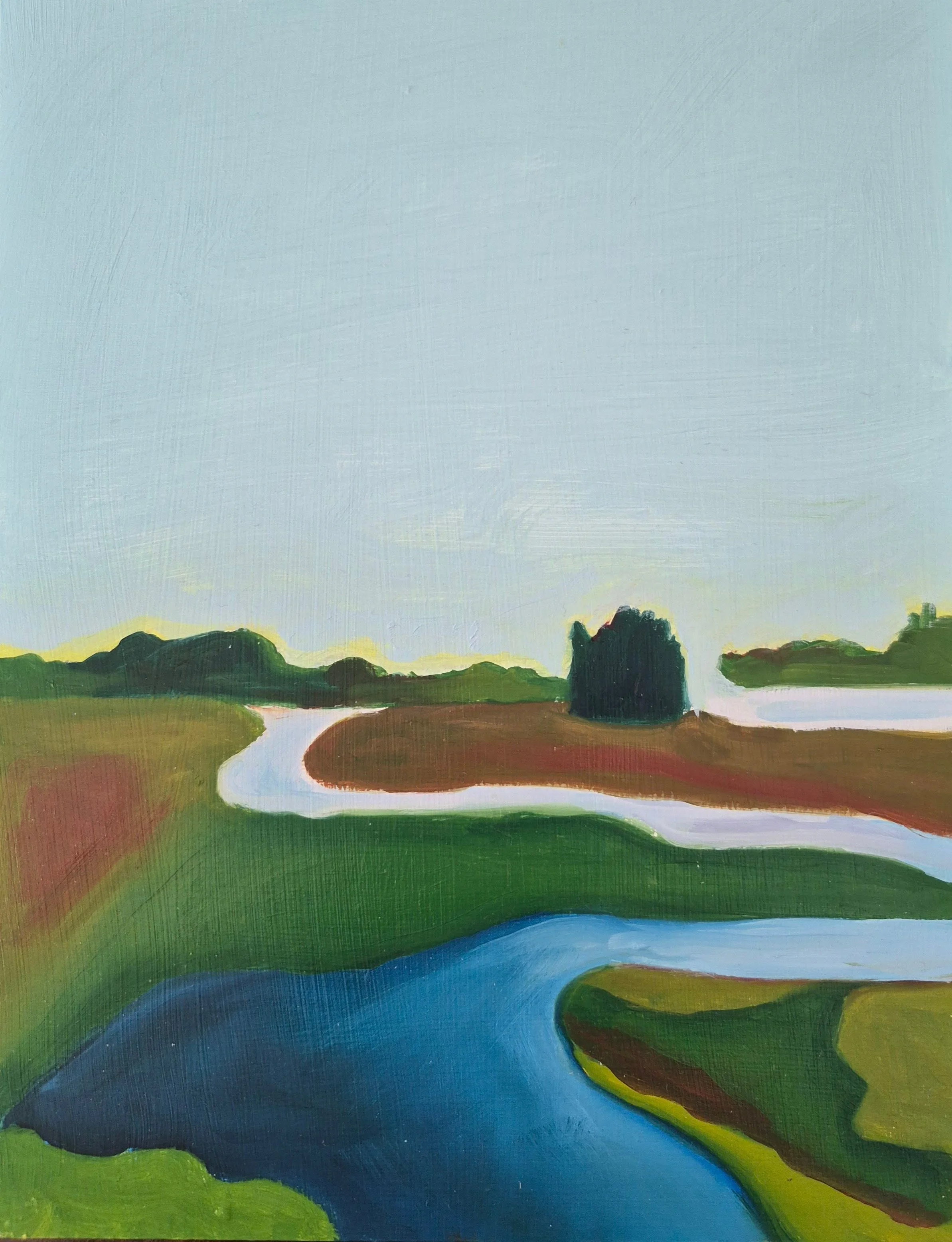 A landscape painting depicting a flowing river, green grass, and trees under a pale sky.