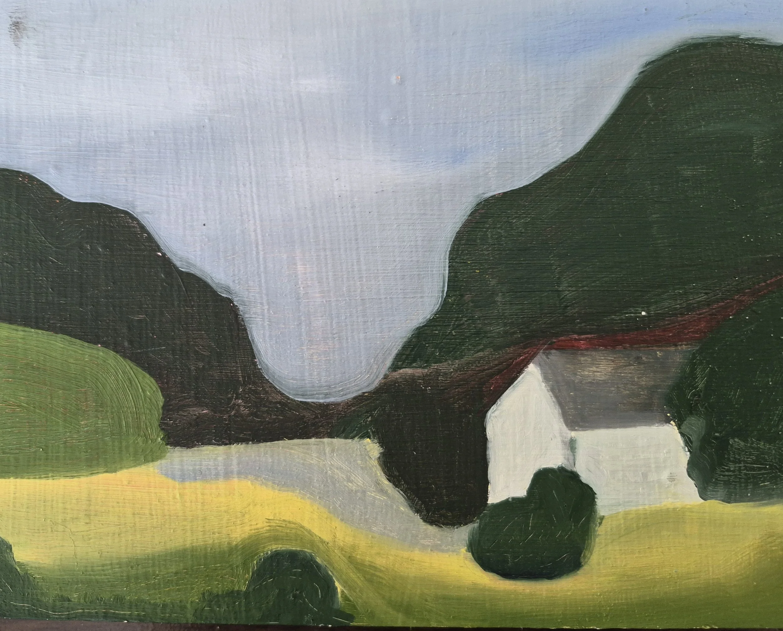 A landscape painting of mountains, trees, and a cloudy sky.