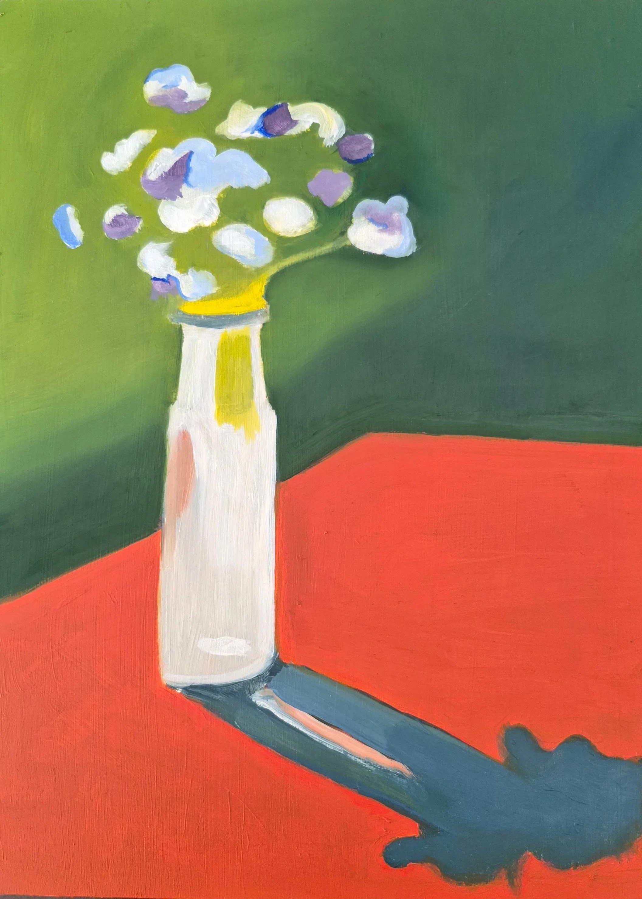 A painting of a white vase with purple and white flowers on a red table, with a shadow cast on a green background.