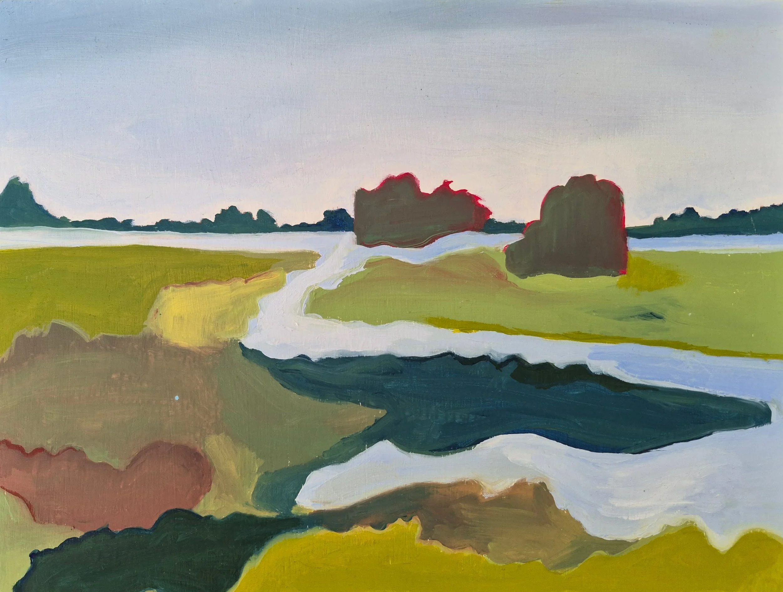 A watercolor landscape of a river flowing through green fields with trees in the distance and a cloudy sky overhead.