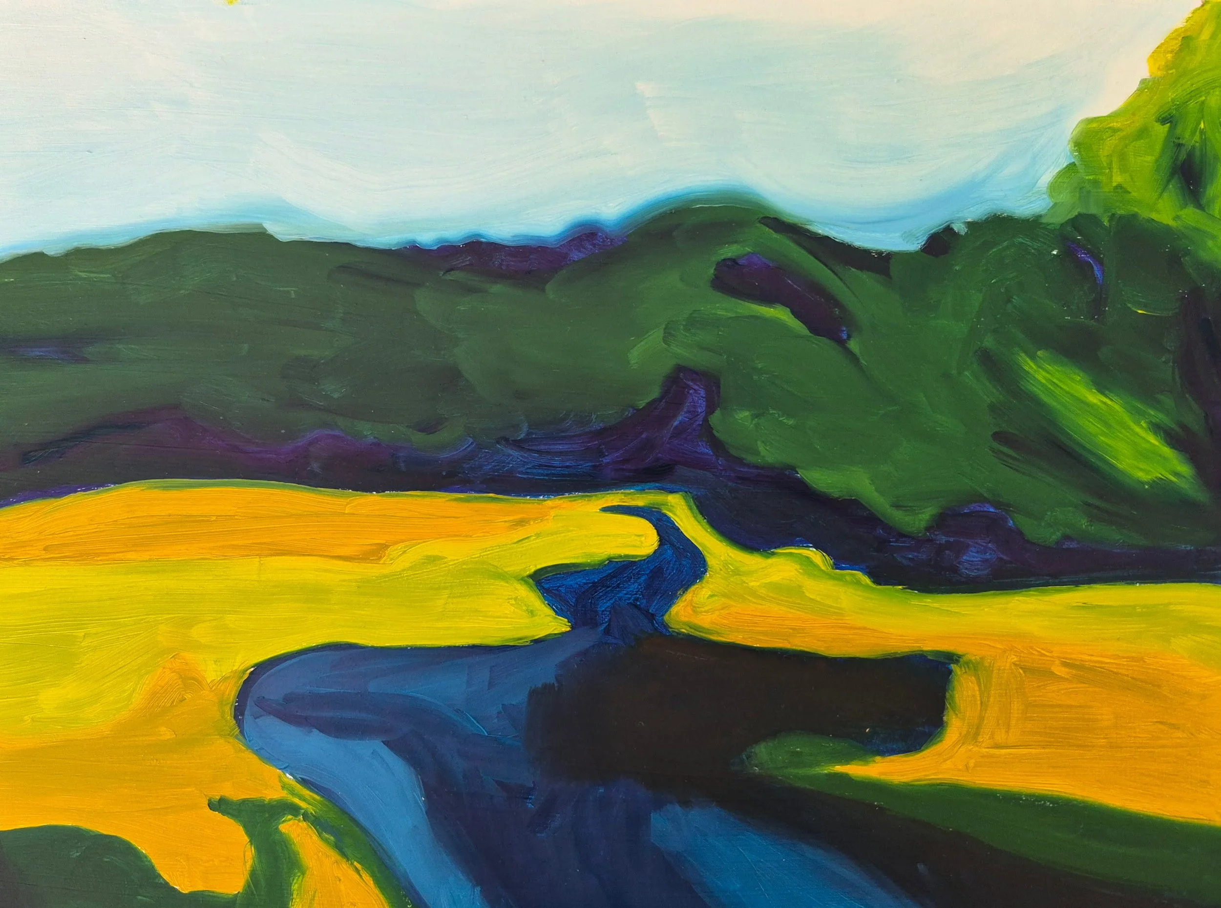Painting of a landscape with green hills, a blue sky, yellow fields, and a river running through the scene.