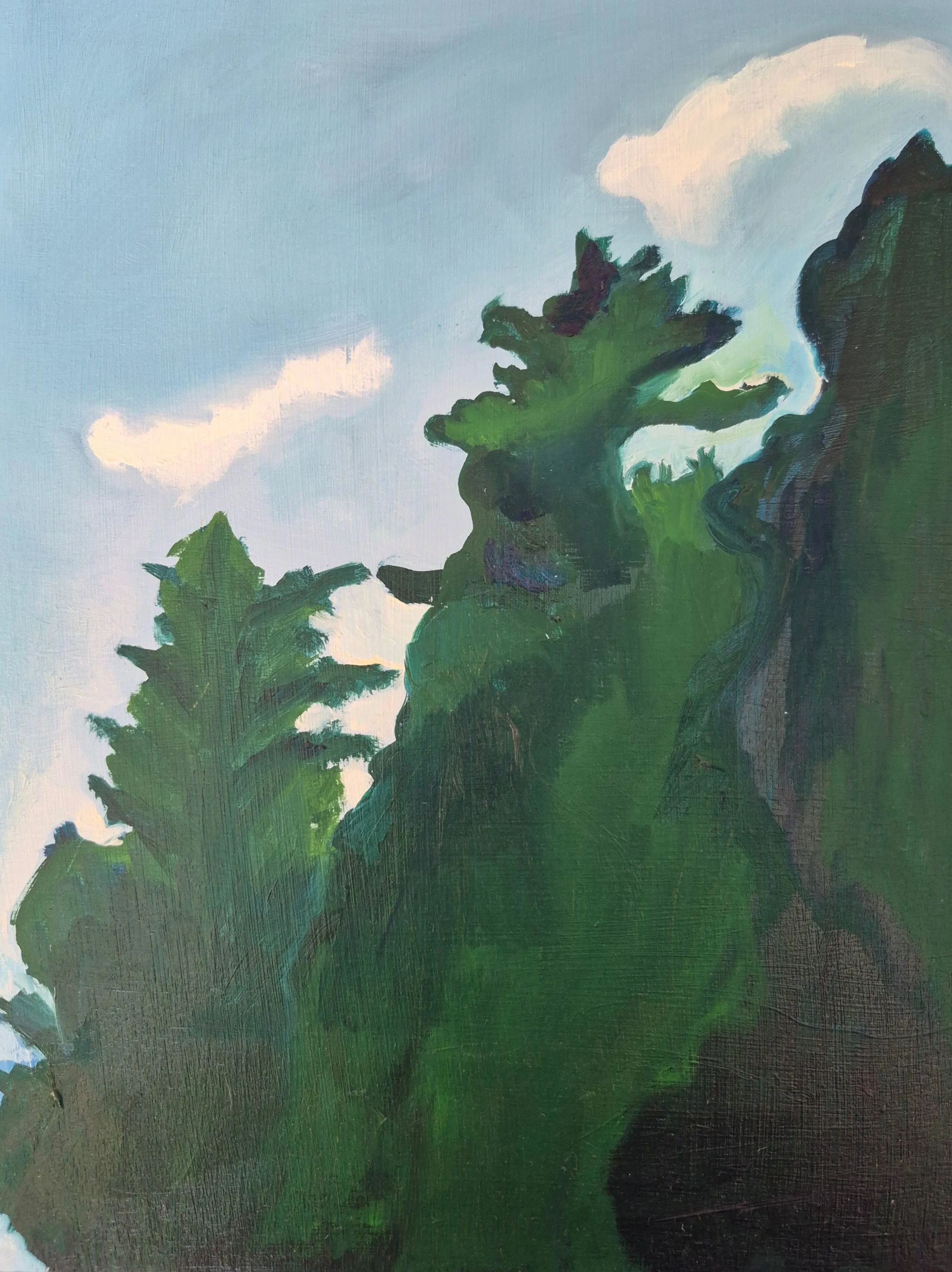 Close-up of a landscape painting featuring trees and rock formations under a blue sky with clouds.