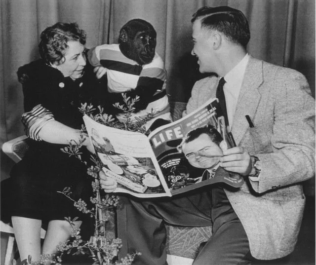 Jean Lowman and Bobo being interviewed