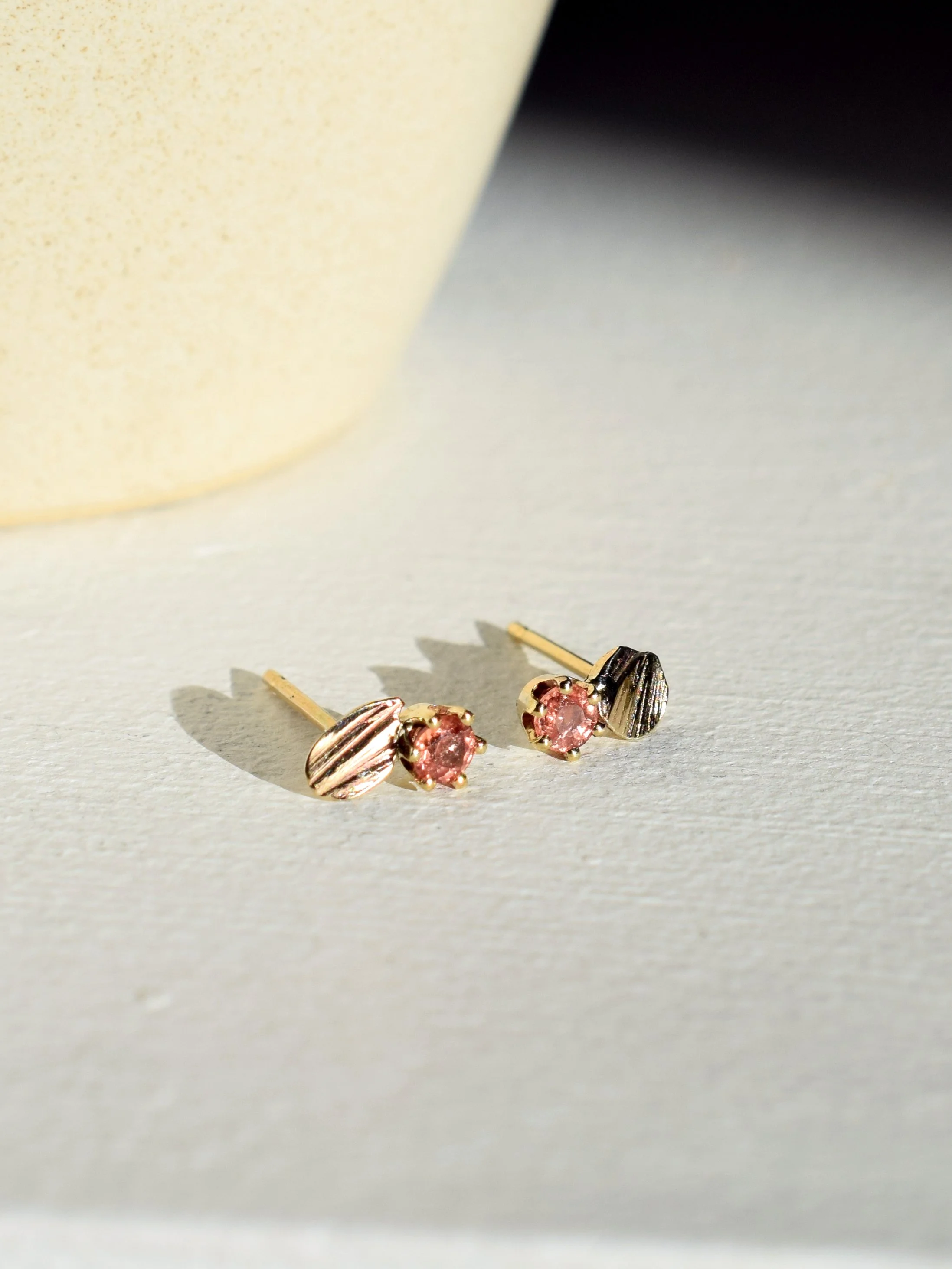 Gold Slice Studs with Peach Sapphires