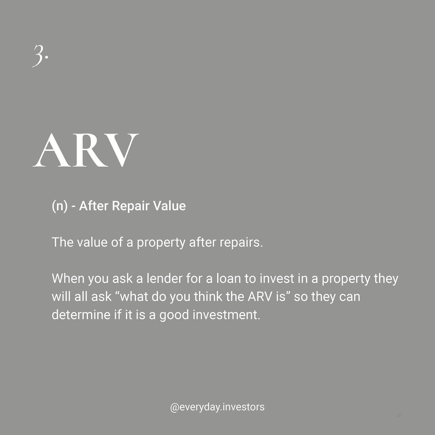 We got the vocab for you this week: ARV

ARV is real estate jargon for After Repair Value. 

Essentially, its the value of a property after you put in the repairs.
 
When you ask a lender for a loan to invest in a property they will ALL ask &ldquo;Wh