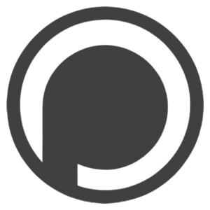 Black and gray abstract icon with a circular design and a central dot.