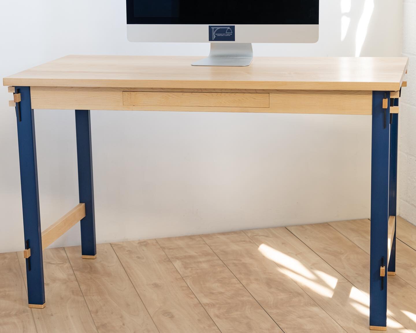 New Knock Down Tension Desk. This one features a slim drawer/ keyboard tray, thicker top, ebony wedges blue powder coated steel legs. Assembly video coming soon. Can be seen @millcollective in the October High Point Market show.