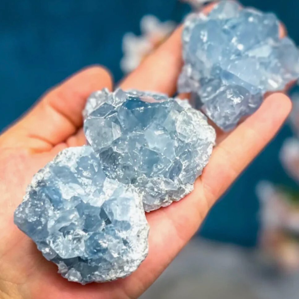 NEW CELESTITE clusters, ethically sourced in Madagascar. 

#Celestite, also known as #Celestine, is a mineral that forms blue crystals. Celestite is often associated with divine #power and is thought to increase understanding, higher #consciousness, 