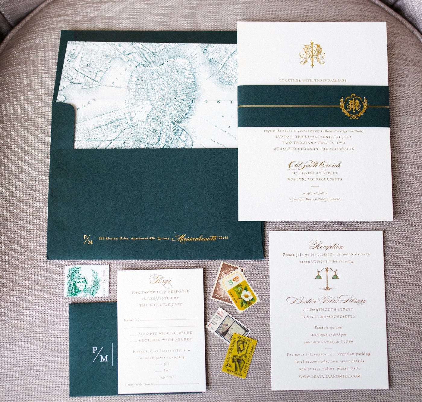 Flatlay of an invitation suite for a Boston wedding by The Fete Collection
