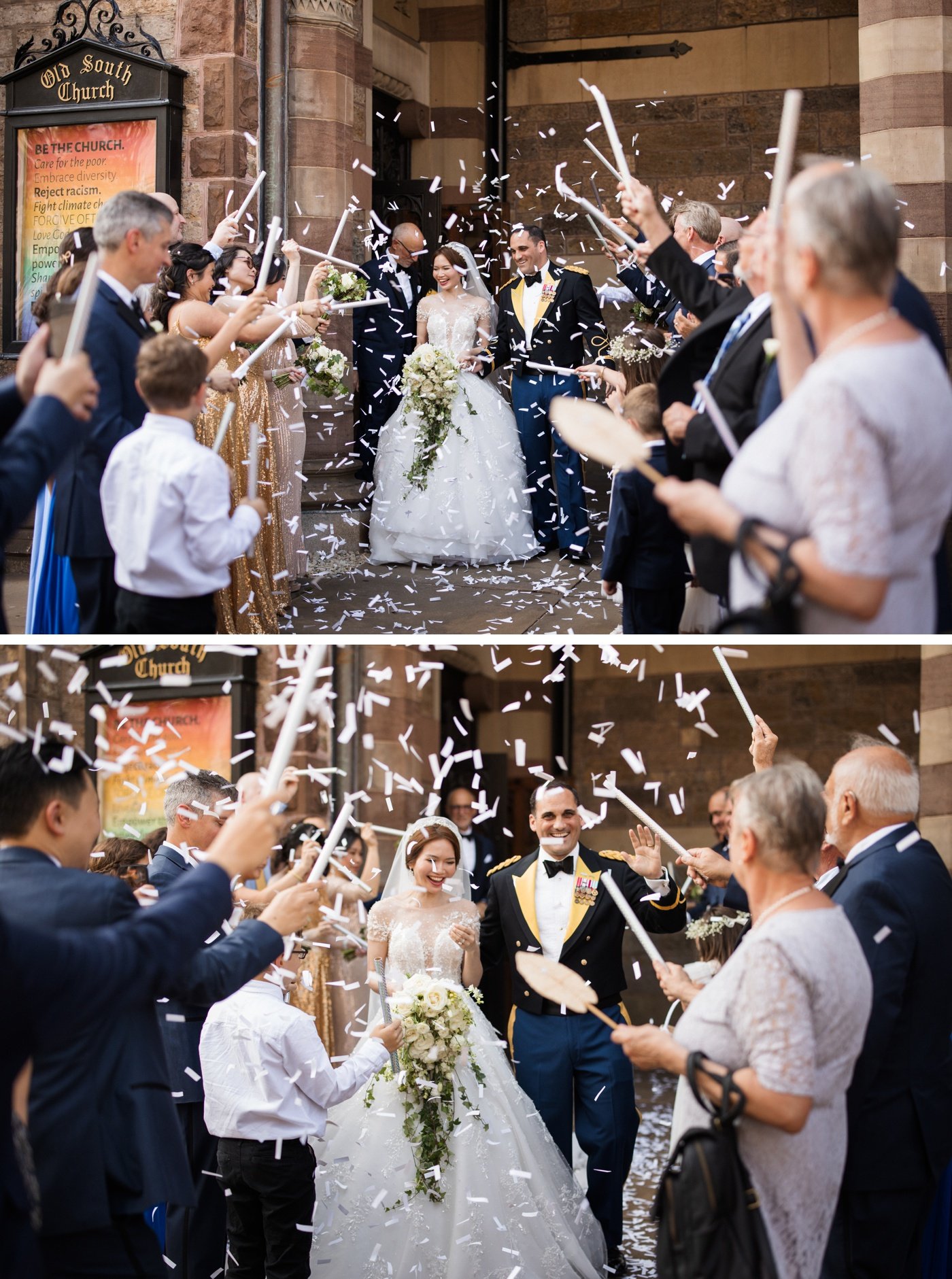 Bride and groom being showered with confetti after their wedding ceremony at Old South Church