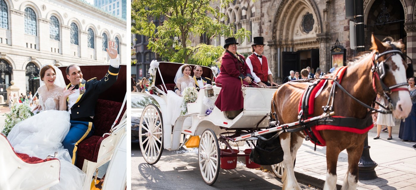 Bride and groom taking a carriage ride around Boston after their wedding ceremony at Old South Church