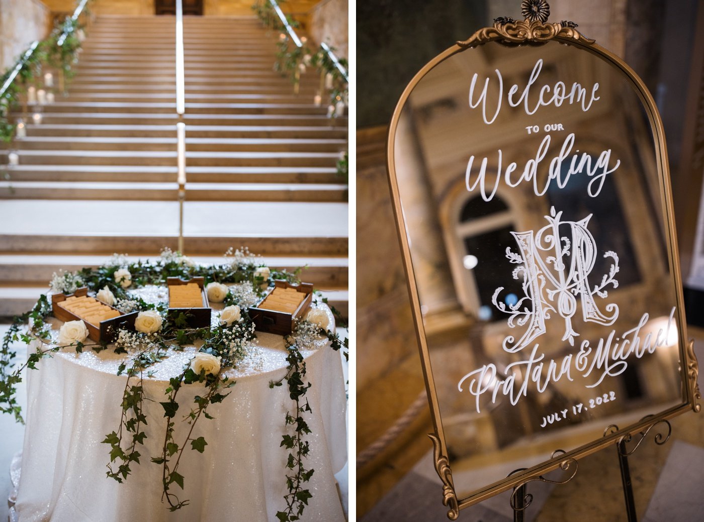 Mirror welcome sign with gold trim and calligraphy for a wedding reception at Boston Public Library